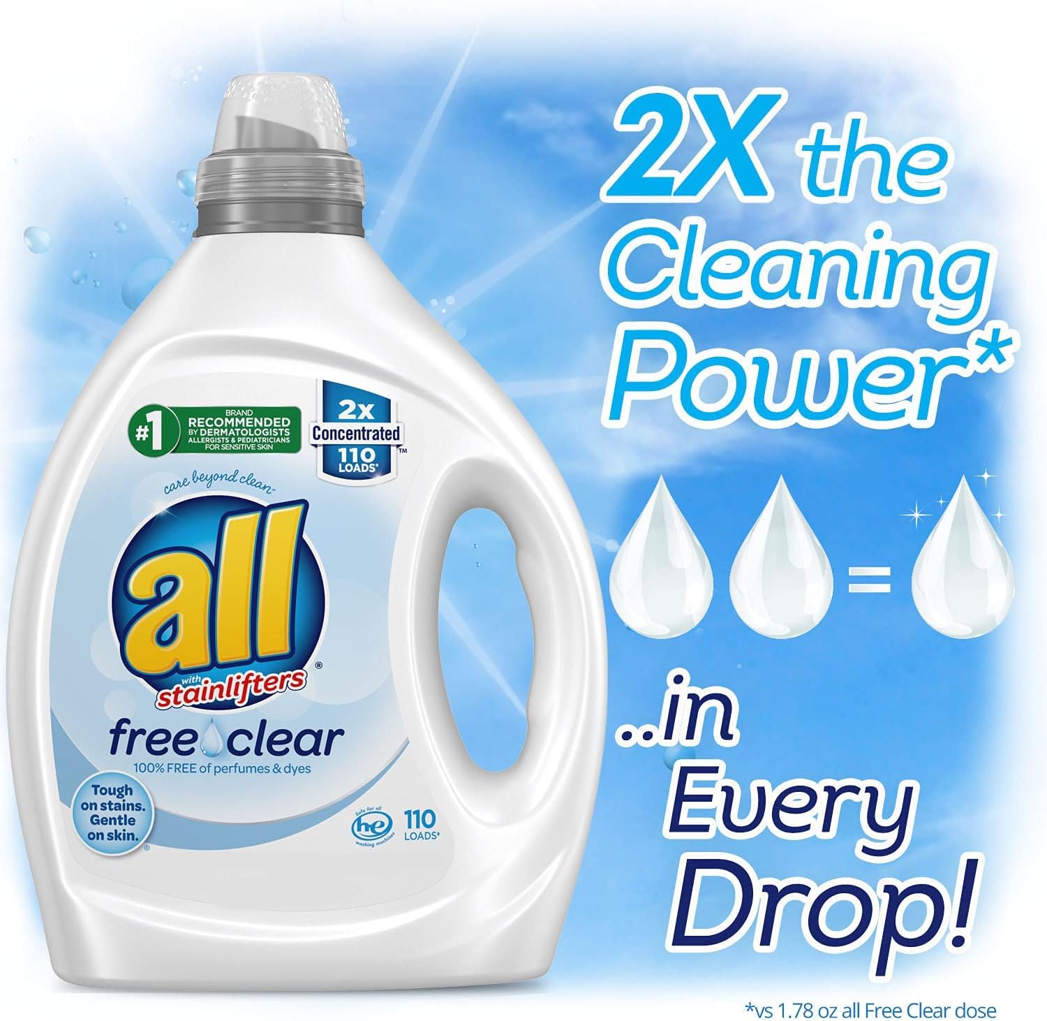 all Liquid Laundry Detergent, Free Clear for Sensitive Skin, Unscented and Hypoallergenic, 2X Concentrated, 110 Loads