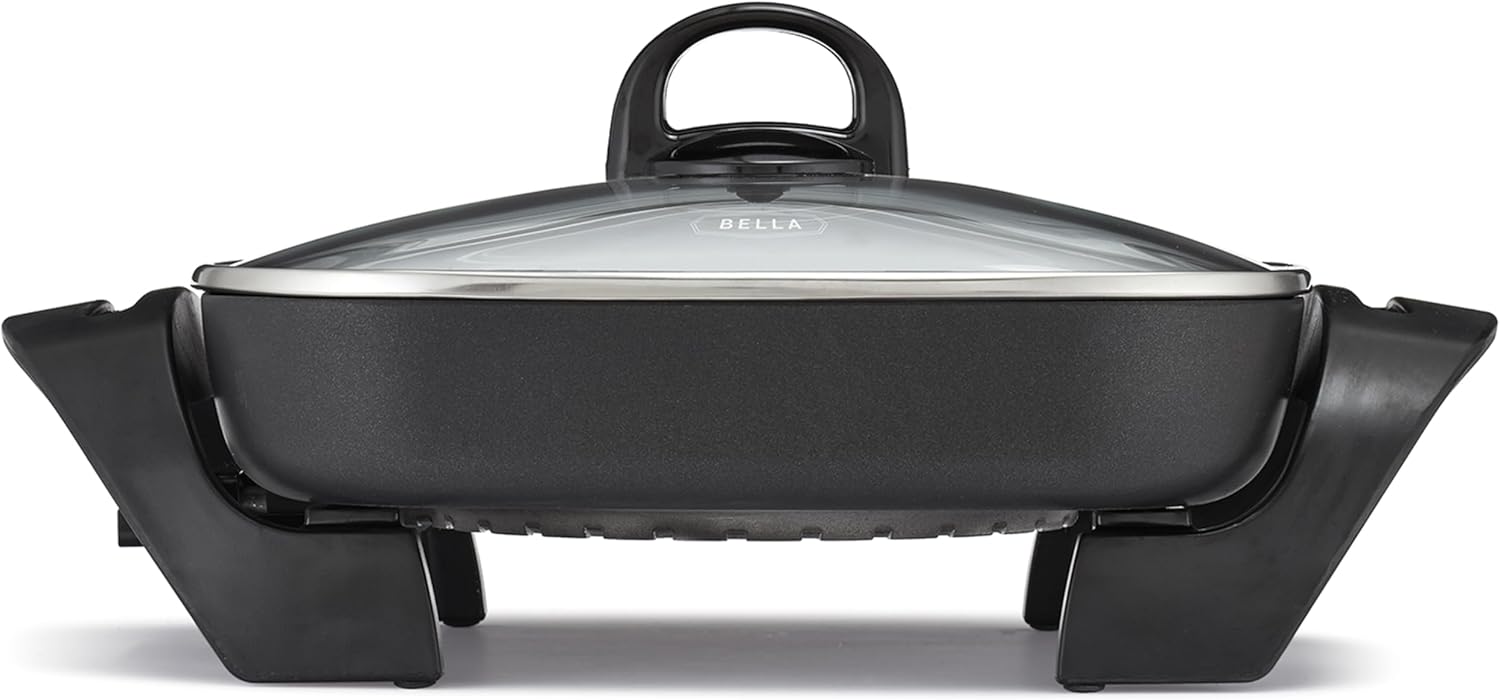 BELLA Electric Skillet and Frying Pan with Glass Lid, Nonstick Coating, Cool Touch Handles, Removable Heating Probe, Dishwasher Safe, 12 x 12 inch, Copper