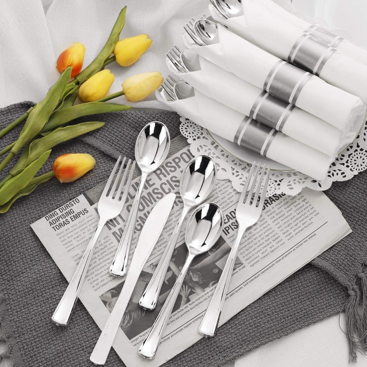 Supernal 60 Pack Pre Rolled Napkins with Gold Plastic Silverware, Premium Disposable Gold Wrapped Cutlery Set Includes: 60 Forks 60 Knives 60 Spoons 60 Napkin for Party