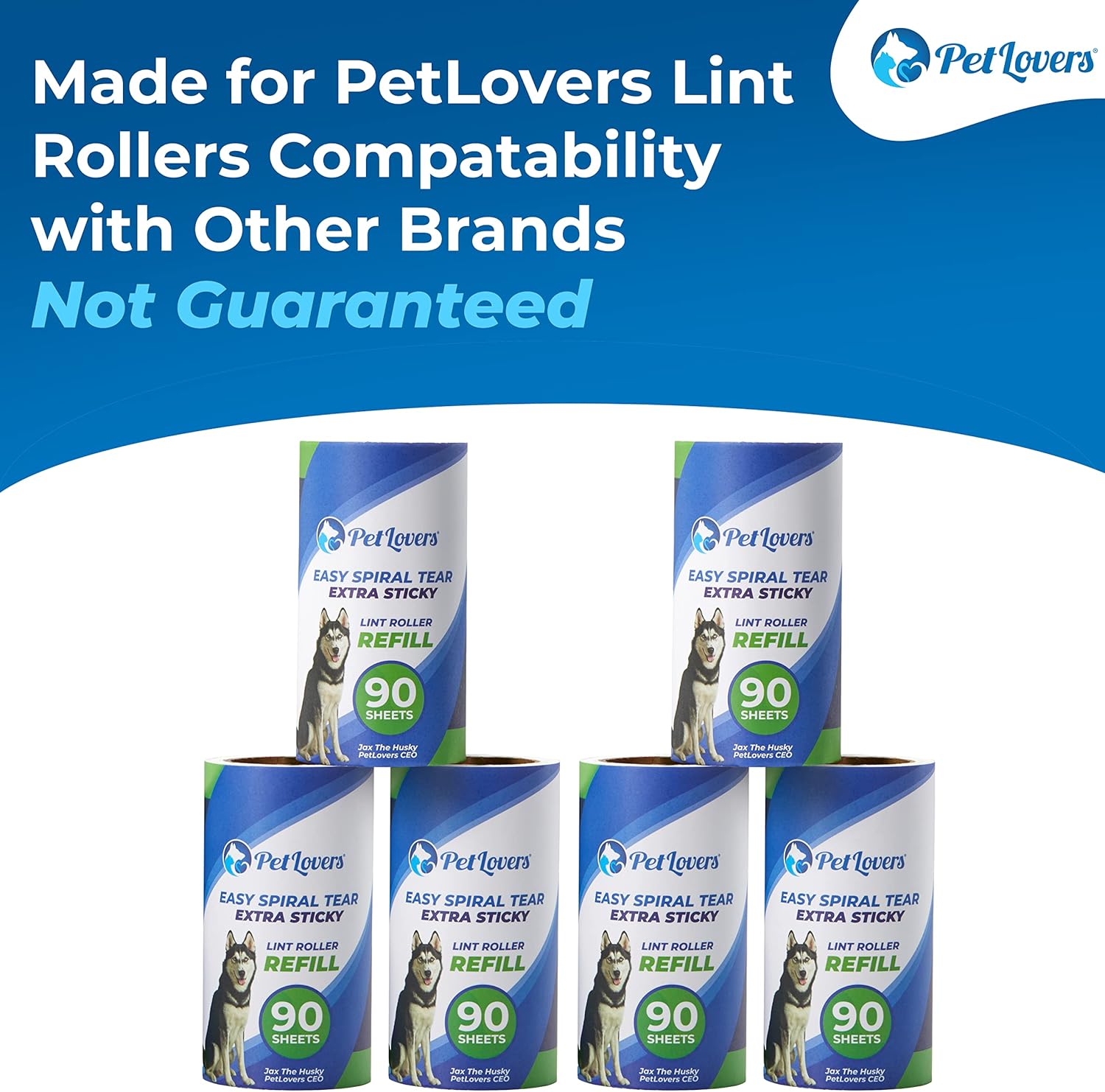 PetLovers Extra Sticky Lint Roller Mega Value Set 450 Sheets for Pet Hair Removal, Dog and Cat Lint Remover 5 Pack