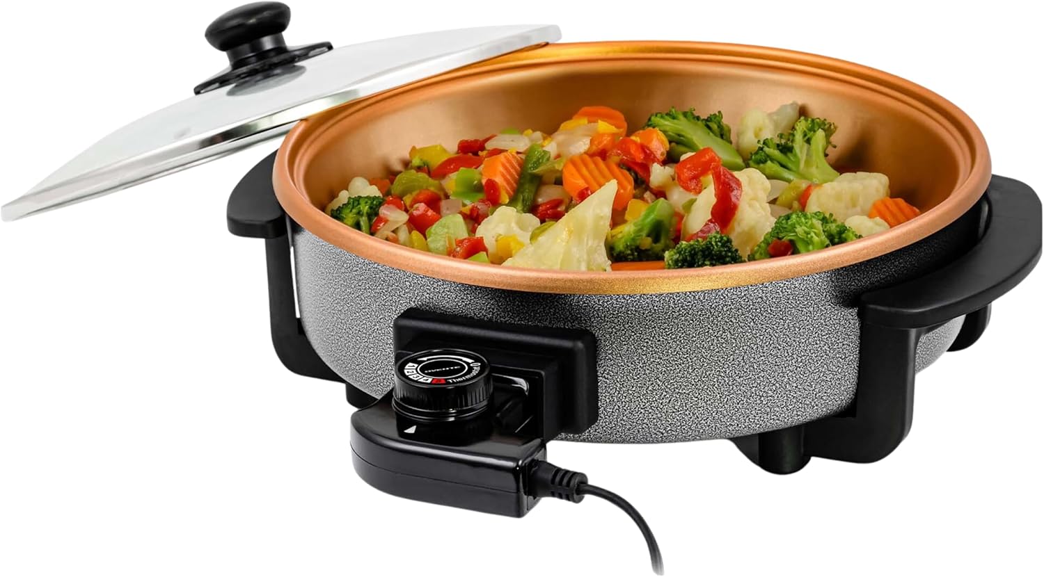 OVENTE 12 Inch Electric Skillet and Frying Pan with Nonstick Coating, 1400W Power, Adjustable Temperature Control, Tempered Glass Lid with Vent and Cool Touch Handles, Black SK11112B