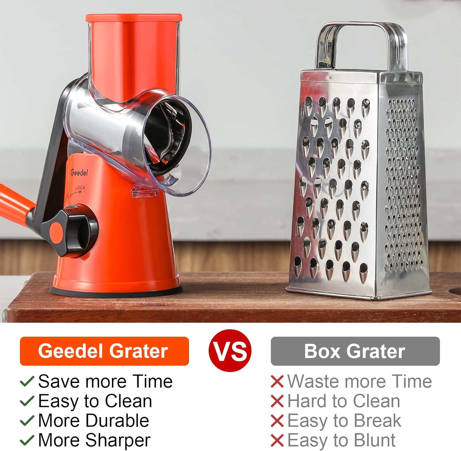 Geedel Rotary Cheese Grater, Kitchen Mandoline Vegetable Slicer with 3 Interchangeable Blades, Easy to Clean Grater for Fruit, Vegetables, Nuts