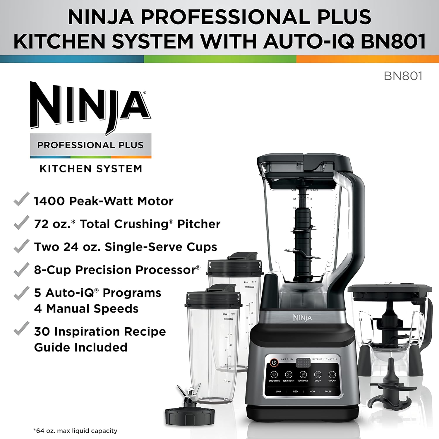 Ninja BN701 Professional Plus Blender, 1400 Peak Watts, 3 Functions for Smoothies, Frozen Drinks & Ice Cream with Auto IQ, 72-oz.* Total Crushing Pitcher & Lid, Dark Grey