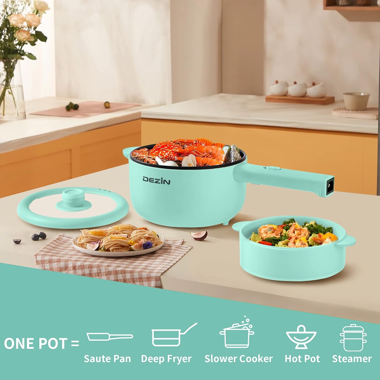 Dezin Electric Cooker, 2L Non-Stick Sauté Pan, Rapid Noodles Cooker, Mini Pot for Ramen with Power Adjustment, Dorm Room Essential (Egg Rack Included)