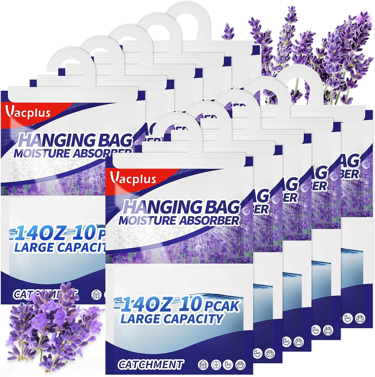 Vacplus Moisture Absorbers, Hanging Closet Dehumidifier Bags, Humidity Packs, Desiccant, Closet Dehumidifiers and Odor Eliminator with Fragrance Free for Fresher Air, 10 Pack, 9.8OZ