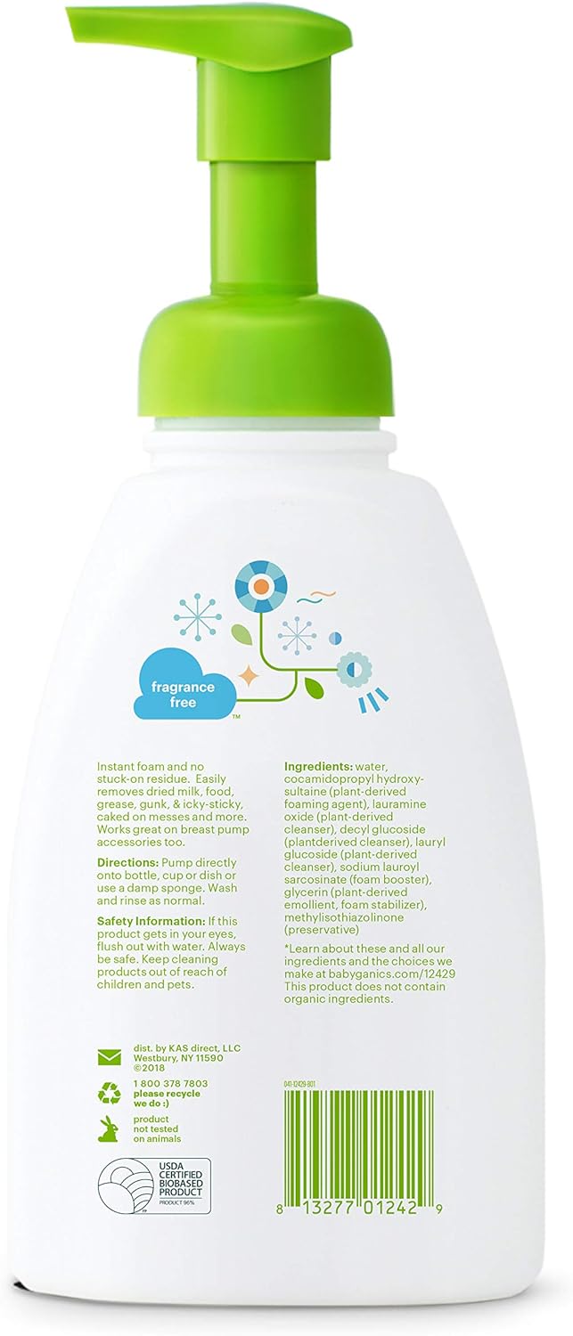 Babyganics Foaming Dish & Bottle Soap, Pump Bottle, Fragrance Free, Plant-Derived Cleaning Power, Removes Dried Milk, 16 Fl Oz, (Pack of 3), Packaging May Vary
