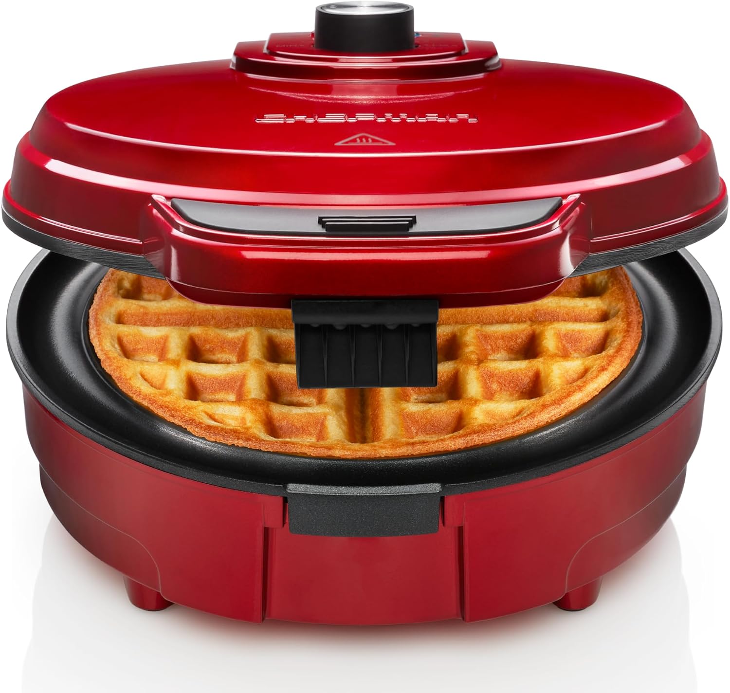 Chefman Anti-Overflow Belgian Waffle Maker w/Shade Selector, Temperature Control, Mess Free Moat, Round Iron w/Nonstick Plates & Cool Touch Handle, Measuring Cup Included, Black