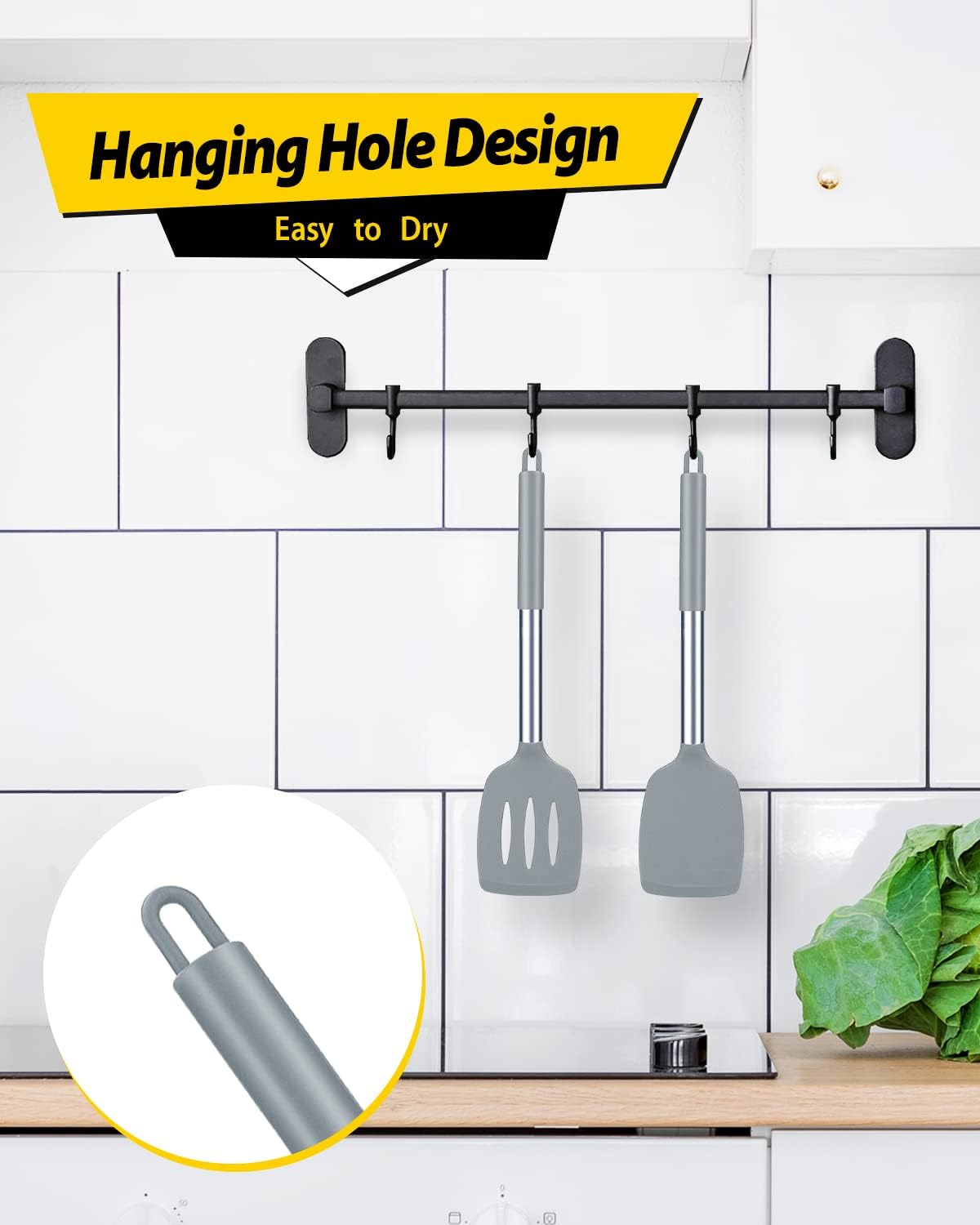 Pack of 2 Silicone Solid Turner,Non Stick Slotted Kitchen Spatulas,High Heat Resistant BPA Free Cooking Utensils,Ideal Cookware for Fish,Eggs,Pancakes (Black)