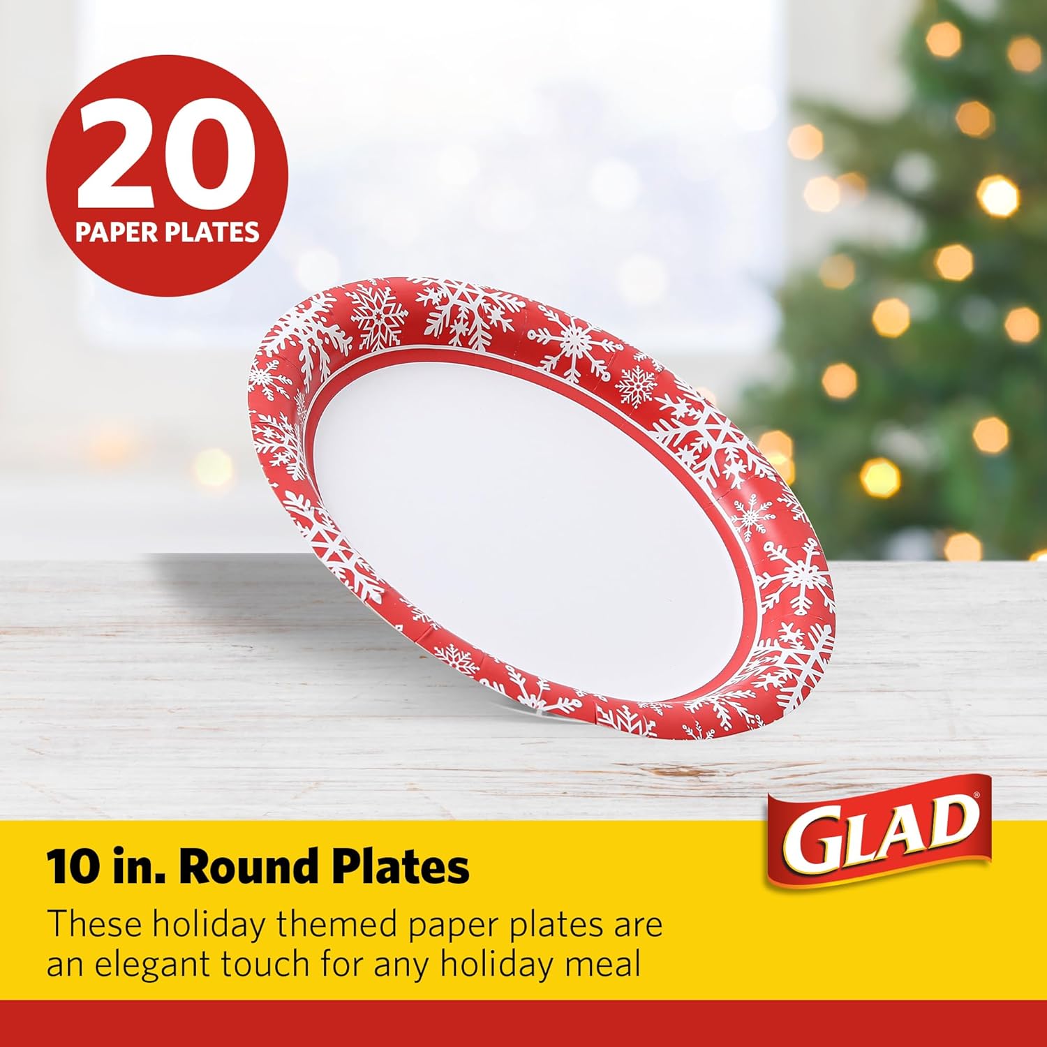 Glad Disposable Holiday Paper Plates, 10 Inch, 20 Count - Red Snowflake Design, Heavy Duty and Microwavable