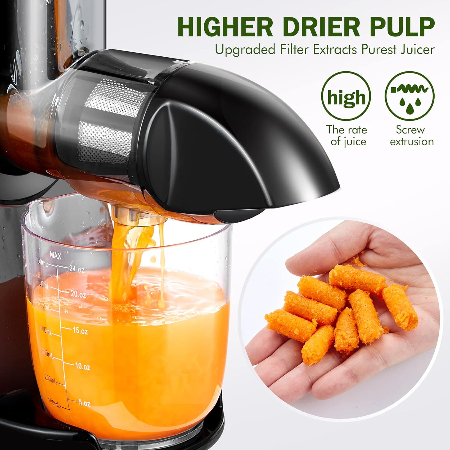 Masticating Juicer Machines, AMZCHEF Slow Cold Press Juicer with Reverse Function, High Juice Yield, Easy Clean with Brush,Recipes for High Nutrient Fruits and Vegetables, Gray(Updated)