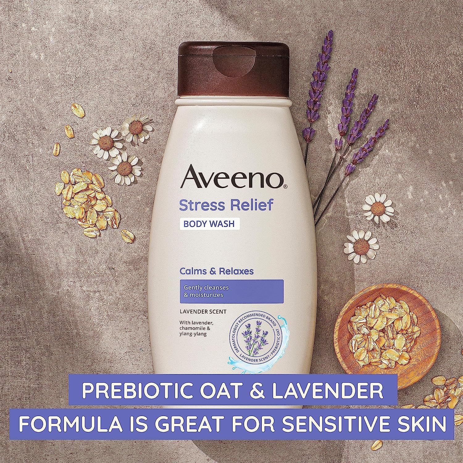 Aveeno Stress Relief Body Wash with Soothing Oat for Sensitive Skin, Lavender Body Wash to help you feel Calm and Relaxed, Sulfate-Free, 33 FL OZ