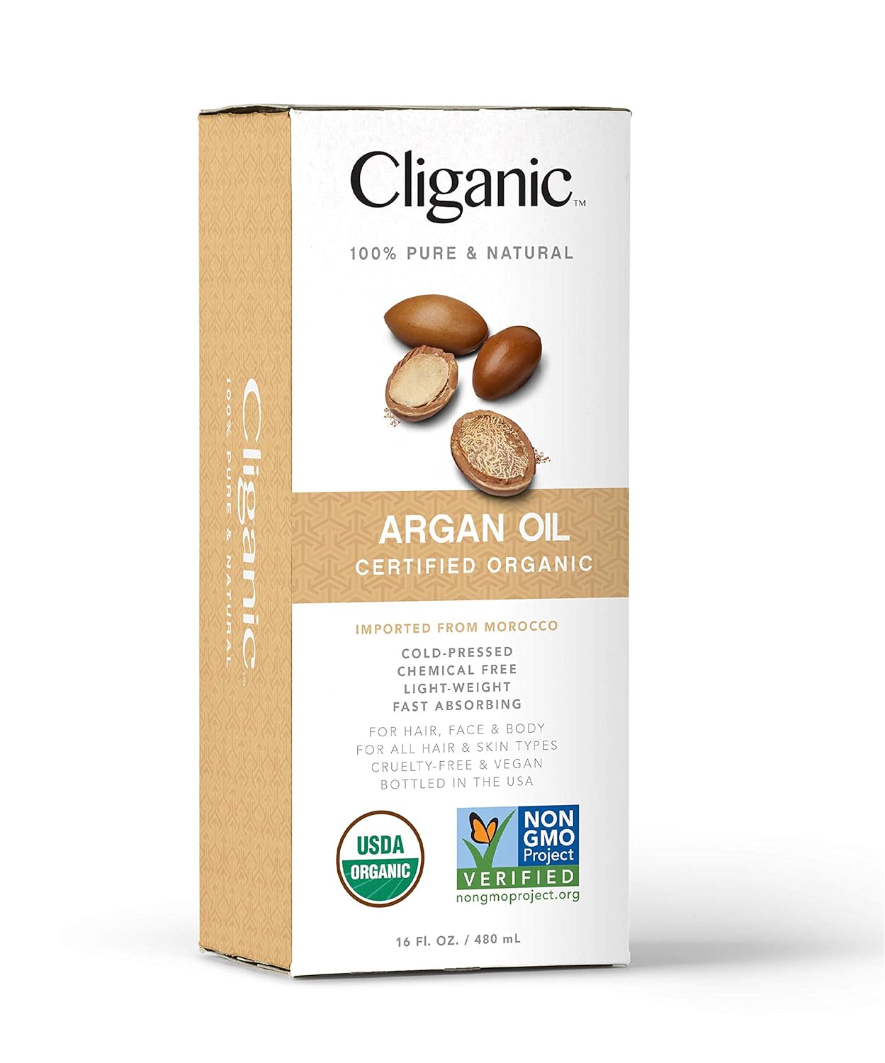 Cliganic Organic Argan Oil, 100% Pure - for Hair, Face & Skin | Cold Pressed Carrier Oil