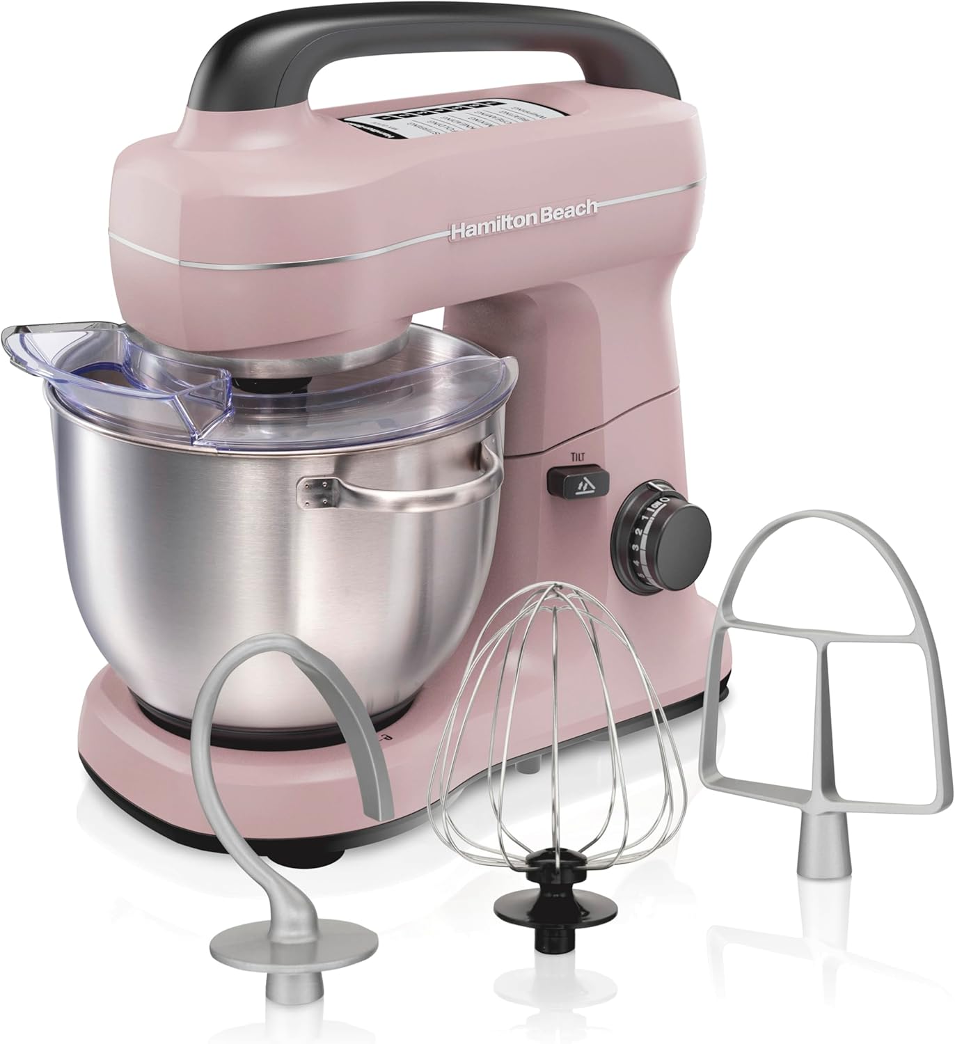 Hamilton Beach Electric Stand Mixer, 4 Quarts, Dough Hook, Flat Beater Attachments, Splash Guard 7 Speeds with Whisk, Black with Top Handle