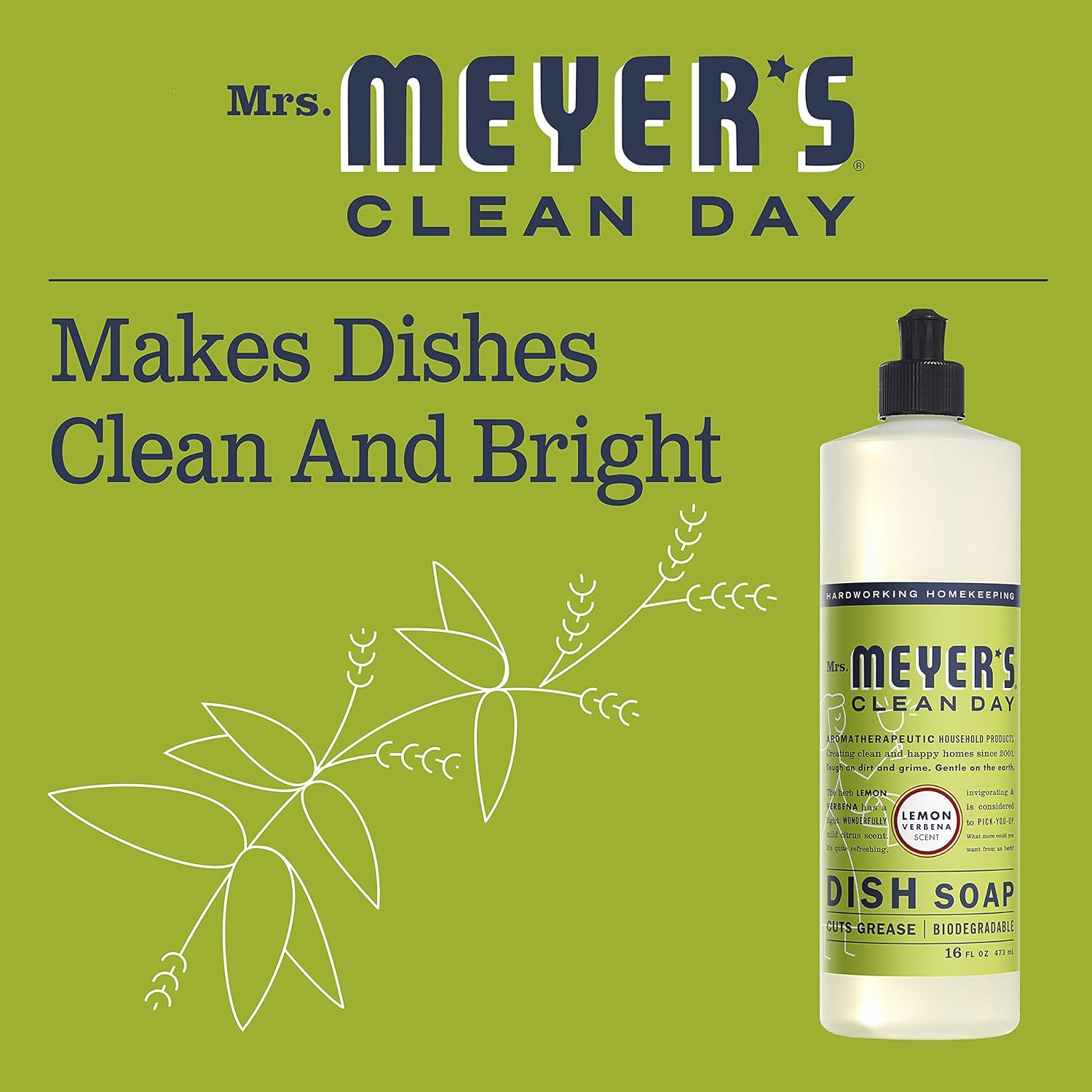 MRS. MEYER'S CLEAN DAY Liquid Dish Soap, Biodegradable Formula, Basil, 16 fl. oz - Pack of 3