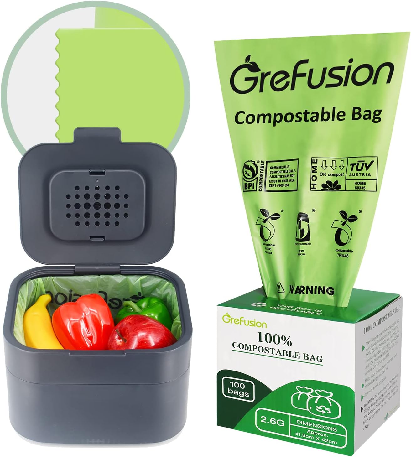 Compostable Bags for Kitchen Compost Bin, 1.2 Gallon, 125 Count, Certified by BPI and ASTM, Leakproof and Odor Control