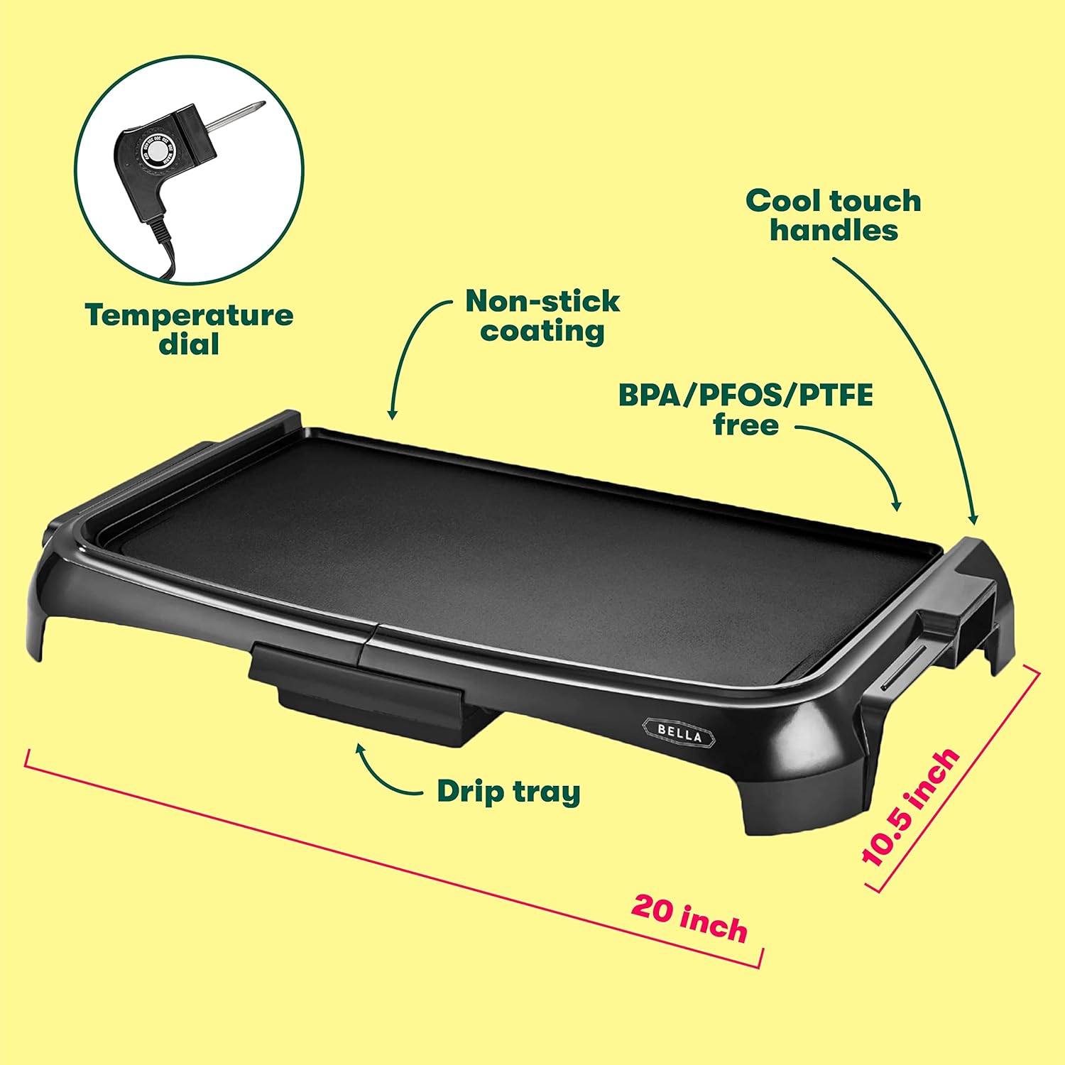 BELLA Electric Ceramic Titanium Griddle, Make 10 Eggs At Once, Healthy-Eco Non-stick Coating, Hassle-Free Clean Up, Large Submersible Cooking Surface, 10.5
