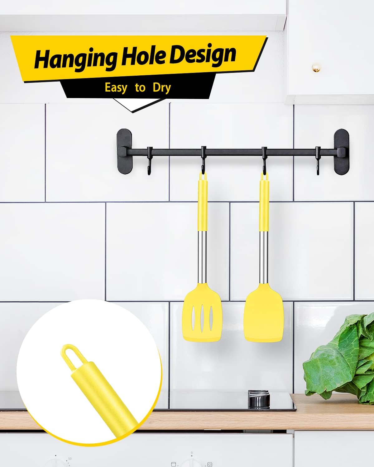 Pack of 2 Silicone Solid Turner,Non Stick Slotted Kitchen Spatulas,High Heat Resistant BPA Free Cooking Utensils,Ideal Cookware for Fish,Eggs,Pancakes (Black)