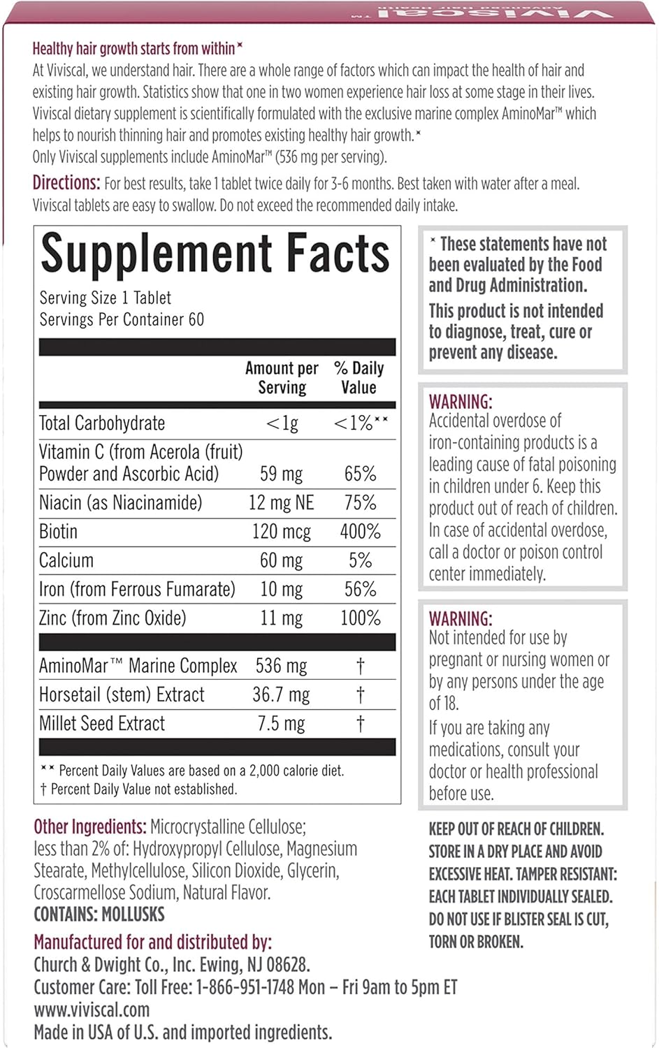 Viviscal Hair Growth Supplements for Women to Grow Thicker, Fuller Hair, Clinically Proven with Proprietary Collagen Complex, 60 Count (Pack of 1), 1 Month Supply