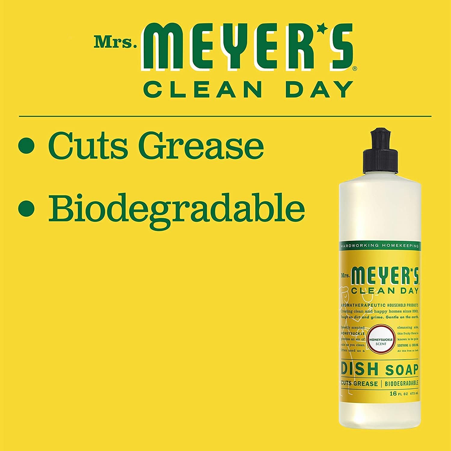 MRS. MEYER'S CLEAN DAY Liquid Dish Soap, Biodegradable Formula, Basil, 16 fl. oz - Pack of 3
