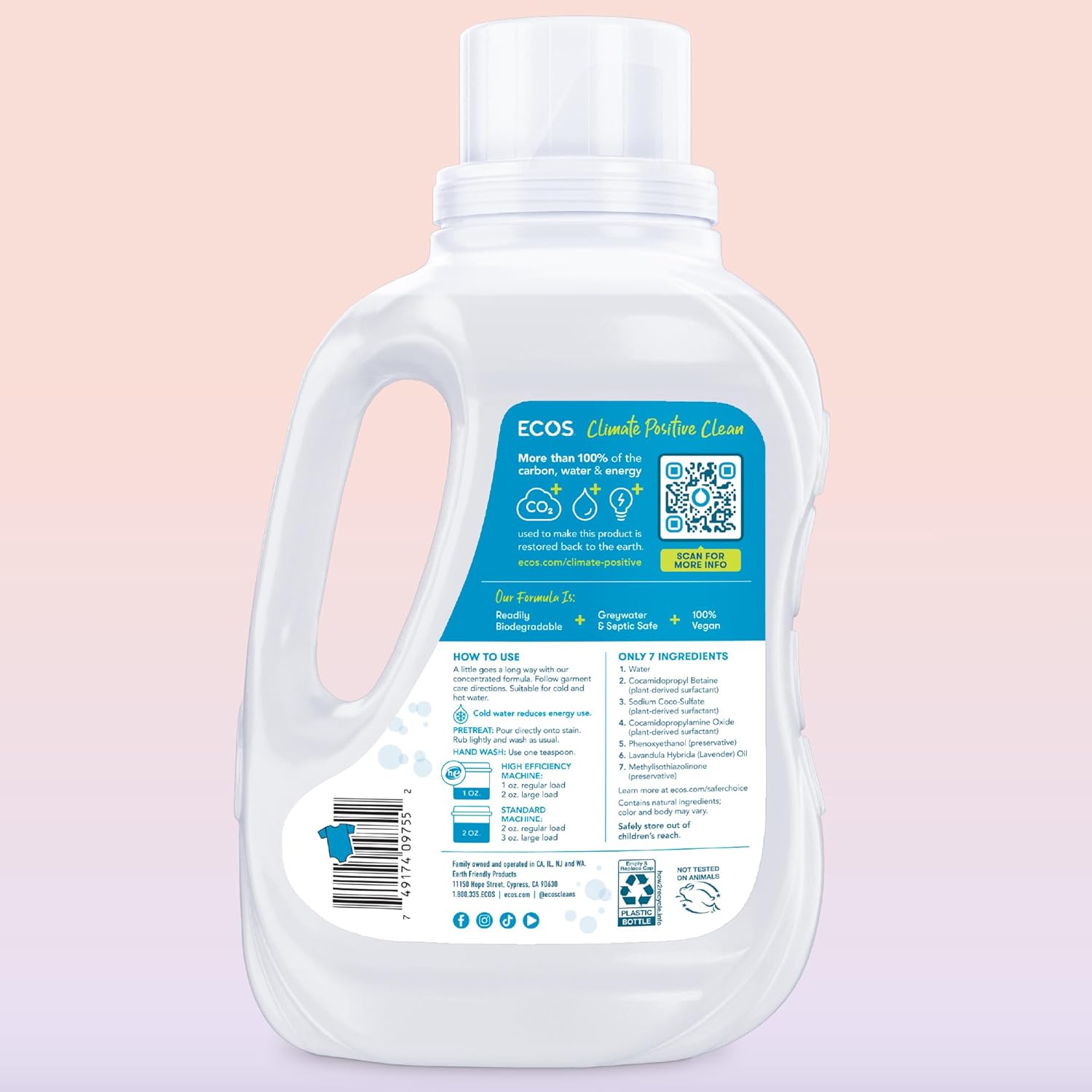 ECOS Laundry Detergent Liquid, 200 Loads - Dermatologist Tested Laundry Soap - Hypoallergenic, EPA Safer Choice Certified, Plant-Powered - Lavender, 100 Fl Oz (Pack of 2)
