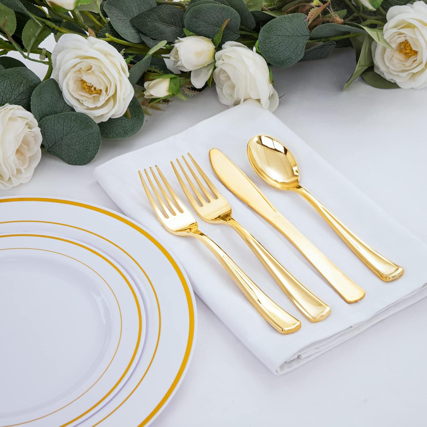 WDF300 Pieces Gold Plastic Silverware - Heavy Duty Disposable Gold Cutlery Set Plastic Gold Silverware Set Plastic Includes 100 Forks, 100 Spoons, 100 Knives