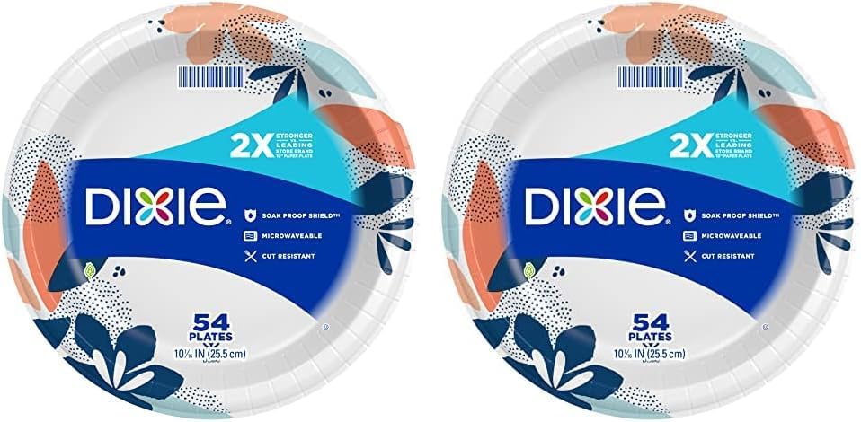Dixie Large Paper Plates, 10 Inch, 54 Count, 2X Stronger*, Microwave-Safe, Soak-Proof, Cut Resistant, Disposable Plates For Everyday Breakfast, Lunch, & Dinner Meals