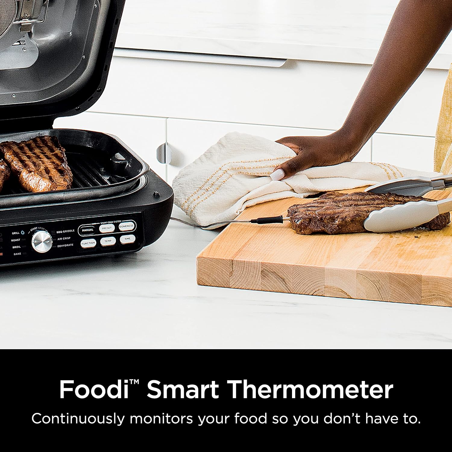 Ninja FG551 Foodi Smart XL 6-in-1 Indoor Grill with Air Fry, Roast, Bake, Broil & Dehydrate, Smart Thermometer, Black/Silver