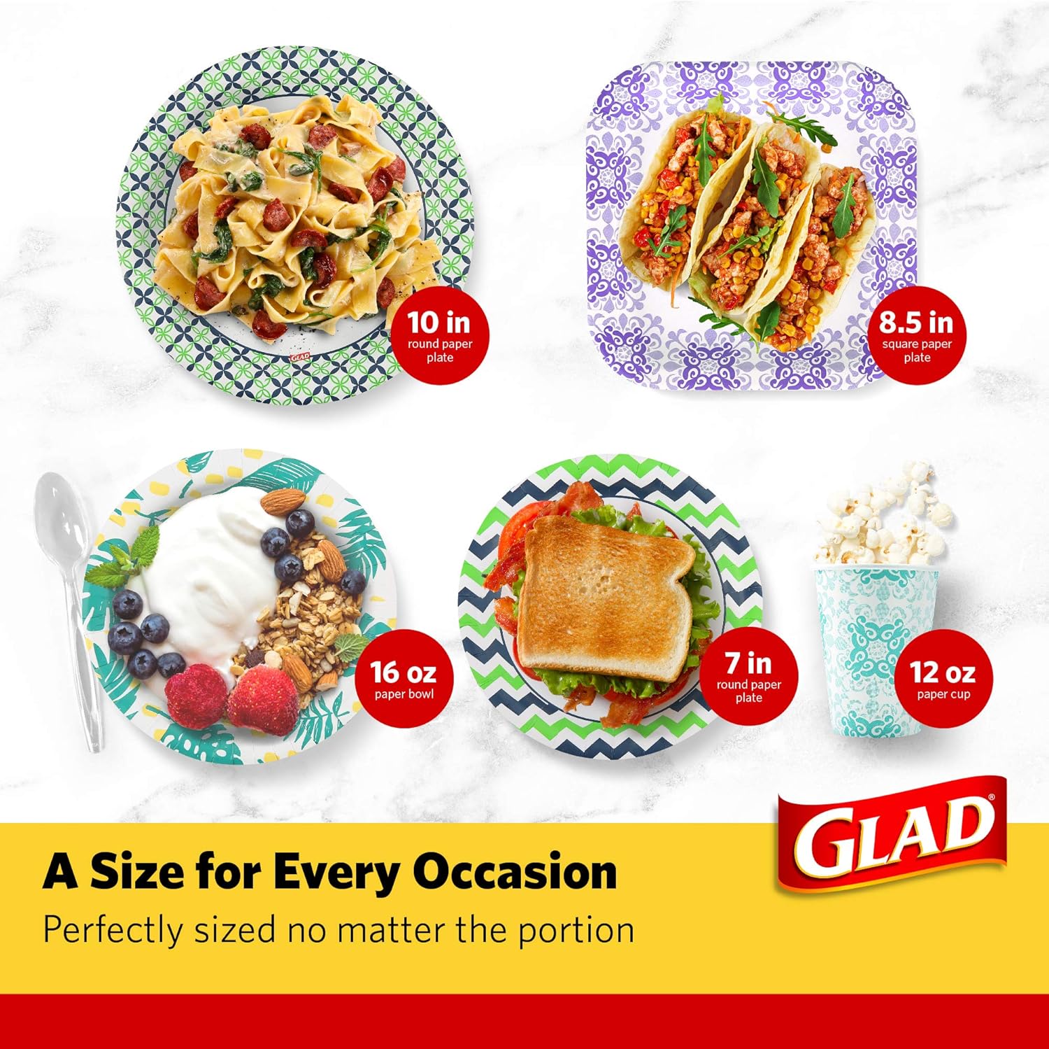 Glad Disposable Soup Bowls for Hot Food - Heavy Duty, Cut Resistant, Microwaveable Paper Bowls with Tropical Palm Leaves Design - Ideal for Party, Chili, Fruit, Salad, Ice Cream - 16 Oz, 50 Count