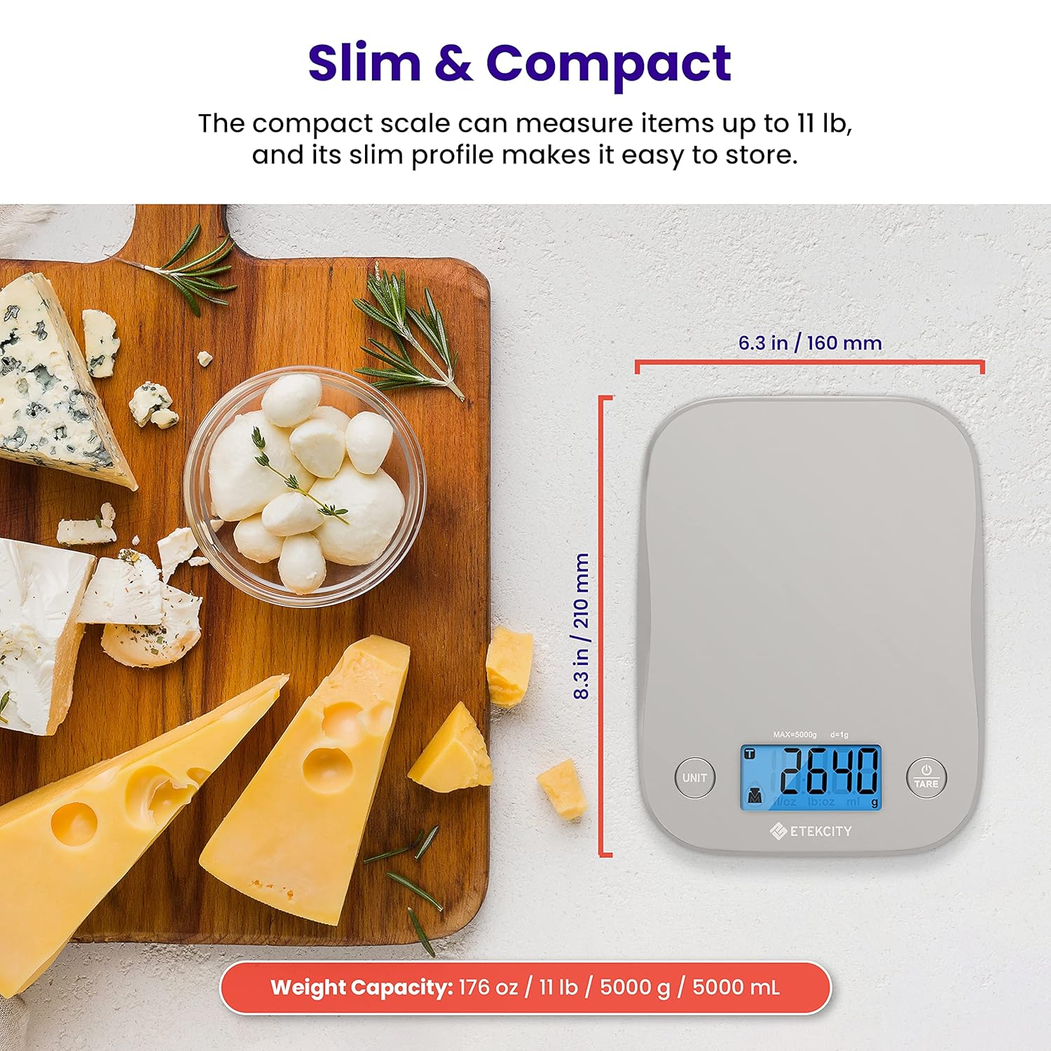 Etekcity Food Kitchen Scale, Digital Grams and Ounces for Weight Loss, Baking, Cooking, Keto and Meal Prep, LCD Display, Medium, 304 Stainless Steel