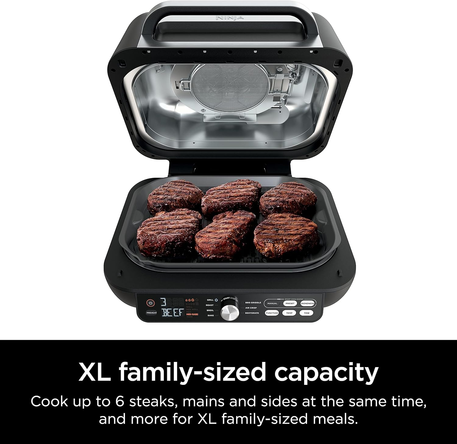 Ninja FG551 Foodi Smart XL 6-in-1 Indoor Grill with Air Fry, Roast, Bake, Broil & Dehydrate, Smart Thermometer, Black/Silver