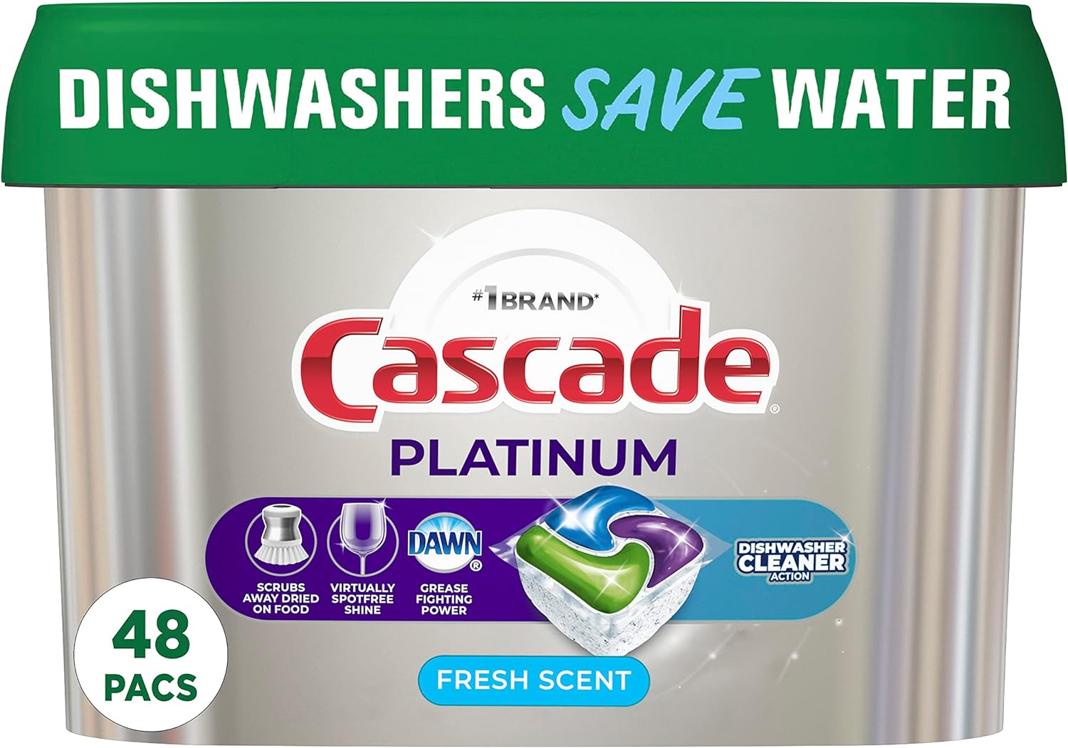 Cascade Platinum Dishwasher Pods, Detergent, Soap Pods, Actionpacs with Dishwasher Cleaner and Deodorizer Action, Fresh, 62 Count