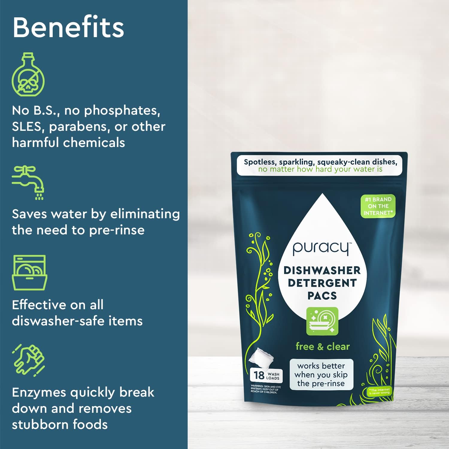 Puracy Dishwasher Pods 50 Count, Natural Dishwasher Detergent, Free & Clear Dish Tabs, Tiktok Trend Items, Enzyme-Powered, Spot & Residue-Free, Must Haves from Tiktok Made Me Buy It