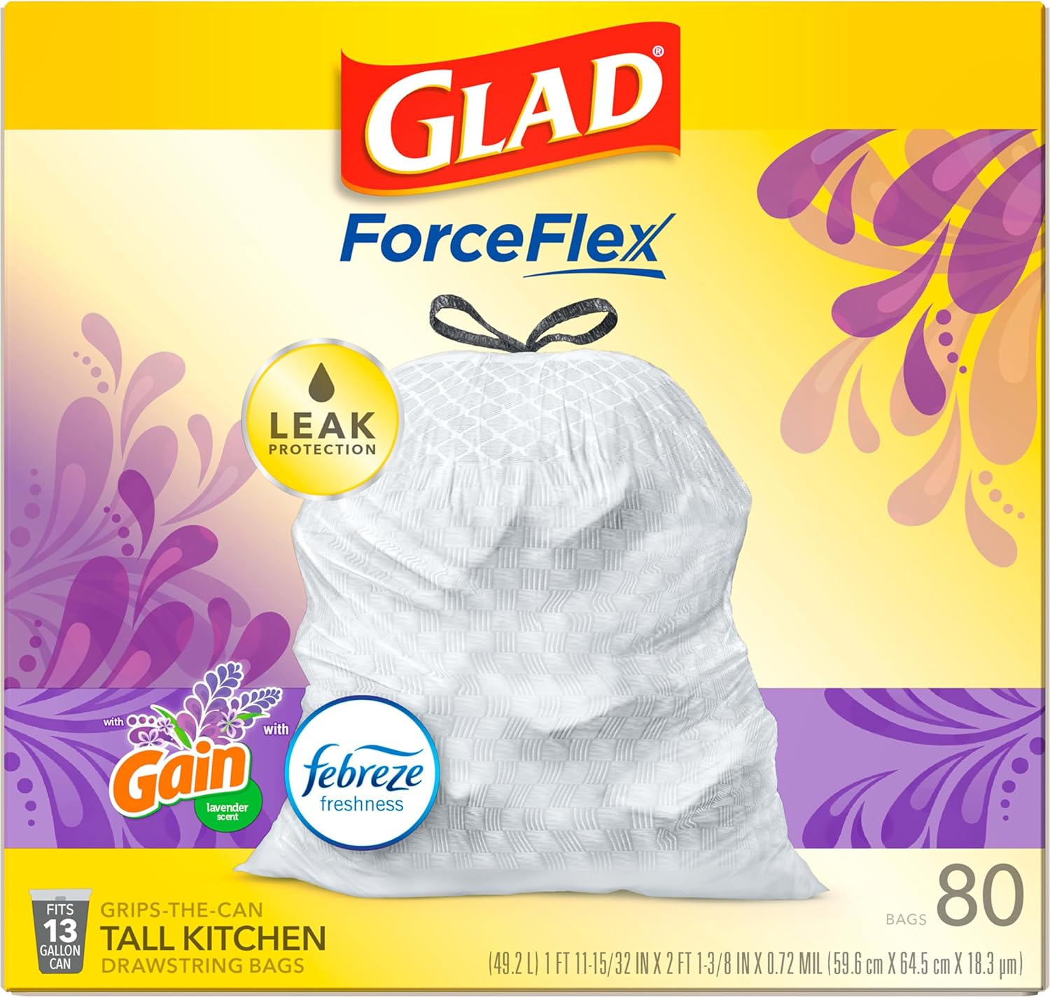 Glad ForceFlex Tall Kitchen Trash Bags, 13 Gal, Gain Original with Febreze, 110 Ct (Pack May Vary)