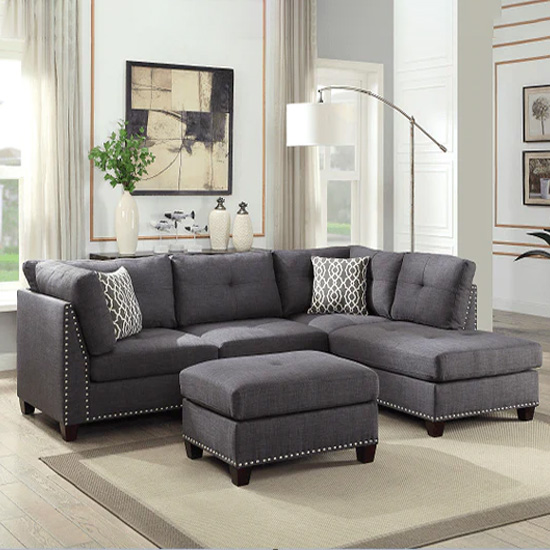 Laurissa Light Charcoal Linen Sectional Sofa & Ottoman (2 Pillows)