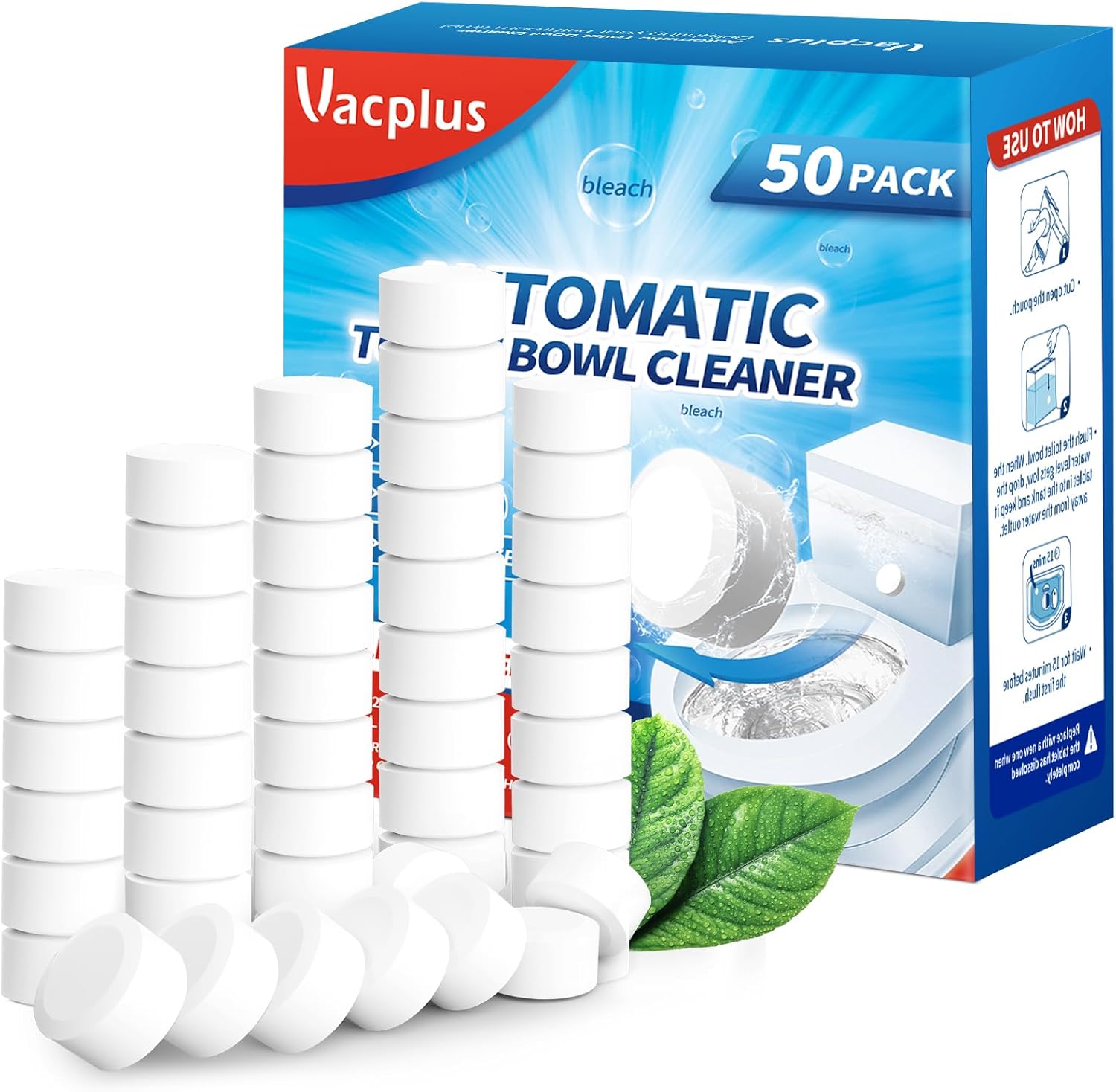 Vacplus Toilet Bowl Cleaner Tablets 12 PACK, Automatic Toilet Bowl Cleaners with Bleach for Deodorizing and Descaling, Bathroom Cleaner Against Tough Stains