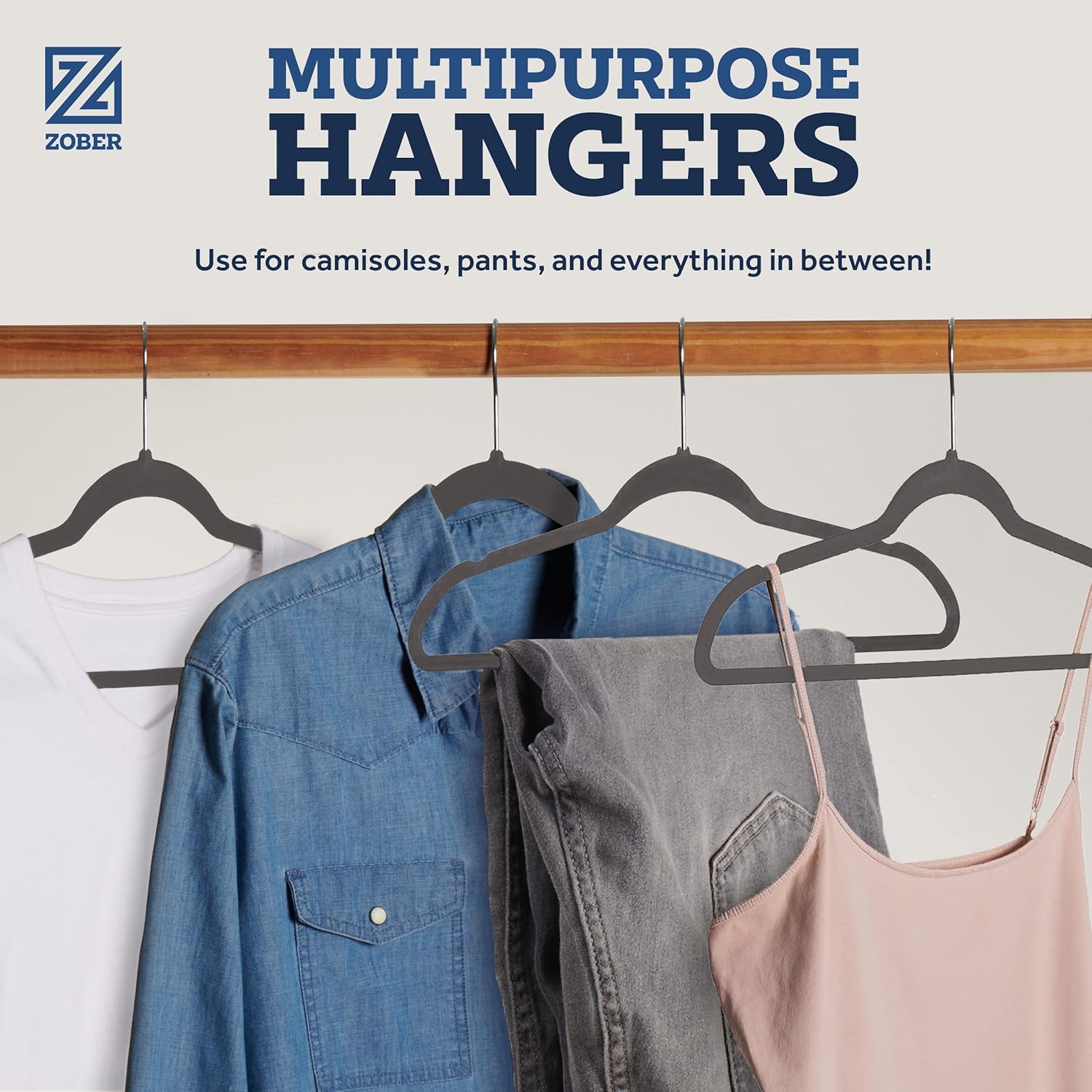Zober Velvet Hangers 50 Pack - Heavy Duty Black Hangers for Coats, Pants & Dress Clothes - Non Slip Clothes Hanger Set - Space Saving Felt Hangers for Clothing