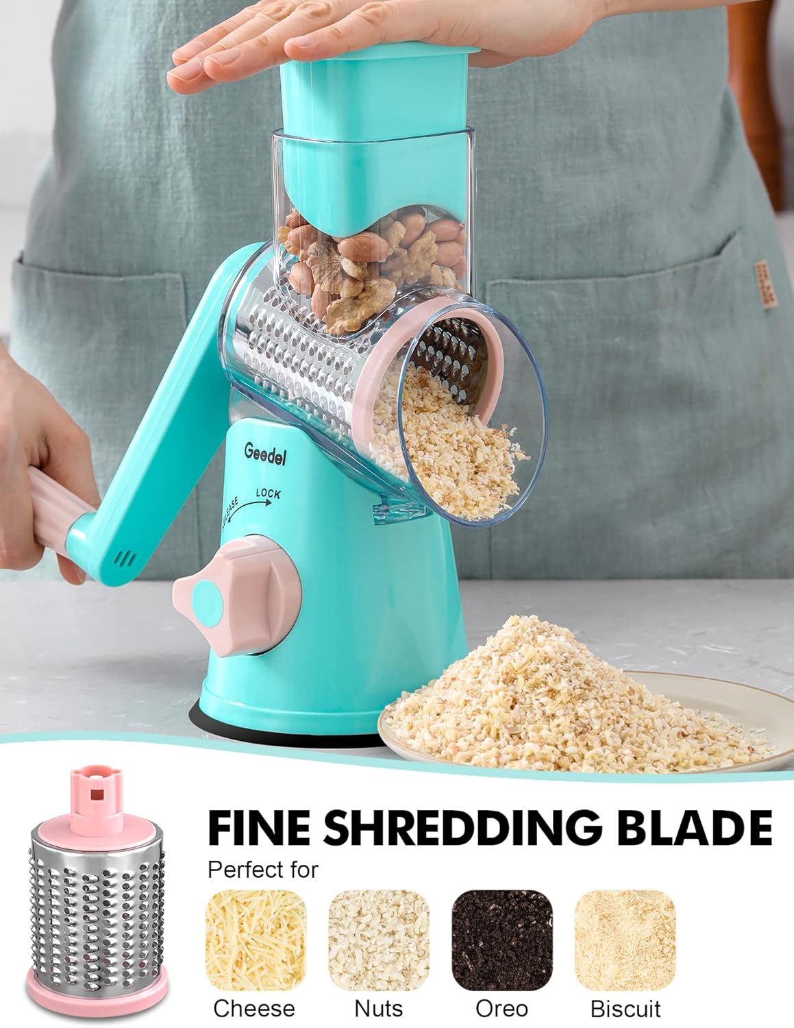 Geedel Rotary Cheese Grater, Kitchen Mandoline Vegetable Slicer with 3 Interchangeable Blades, Easy to Clean Grater for Fruit, Vegetables, Nuts