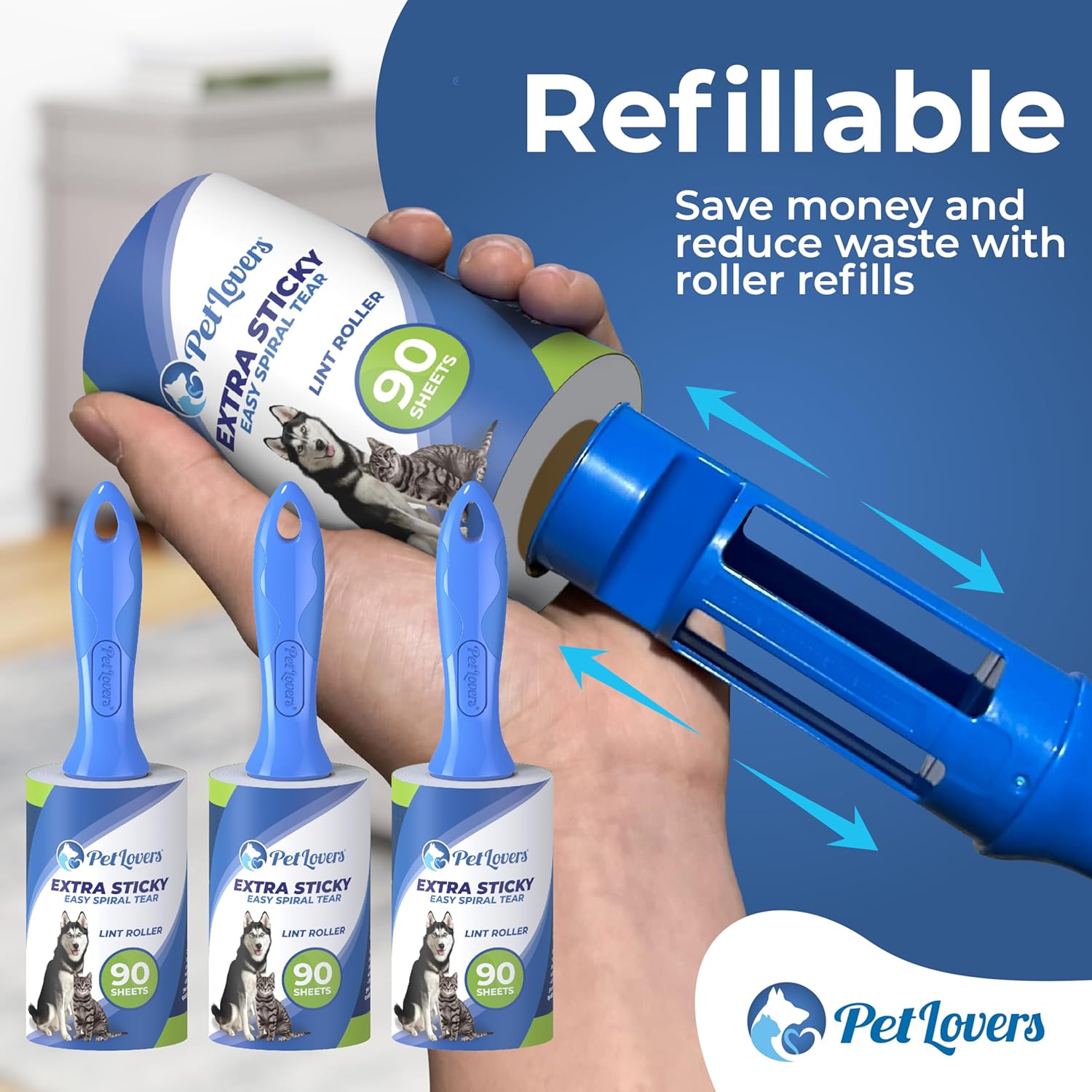 PetLovers Extra Sticky Lint Roller Mega Value Set 450 Sheets for Pet Hair Removal, Dog and Cat Lint Remover 5 Pack