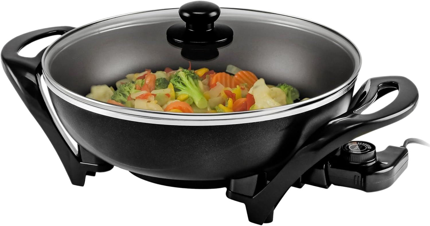 OVENTE 12 Inch Electric Skillet and Frying Pan with Nonstick Coating, 1400W Power, Adjustable Temperature Control, Tempered Glass Lid with Vent and Cool Touch Handles, Black SK11112B