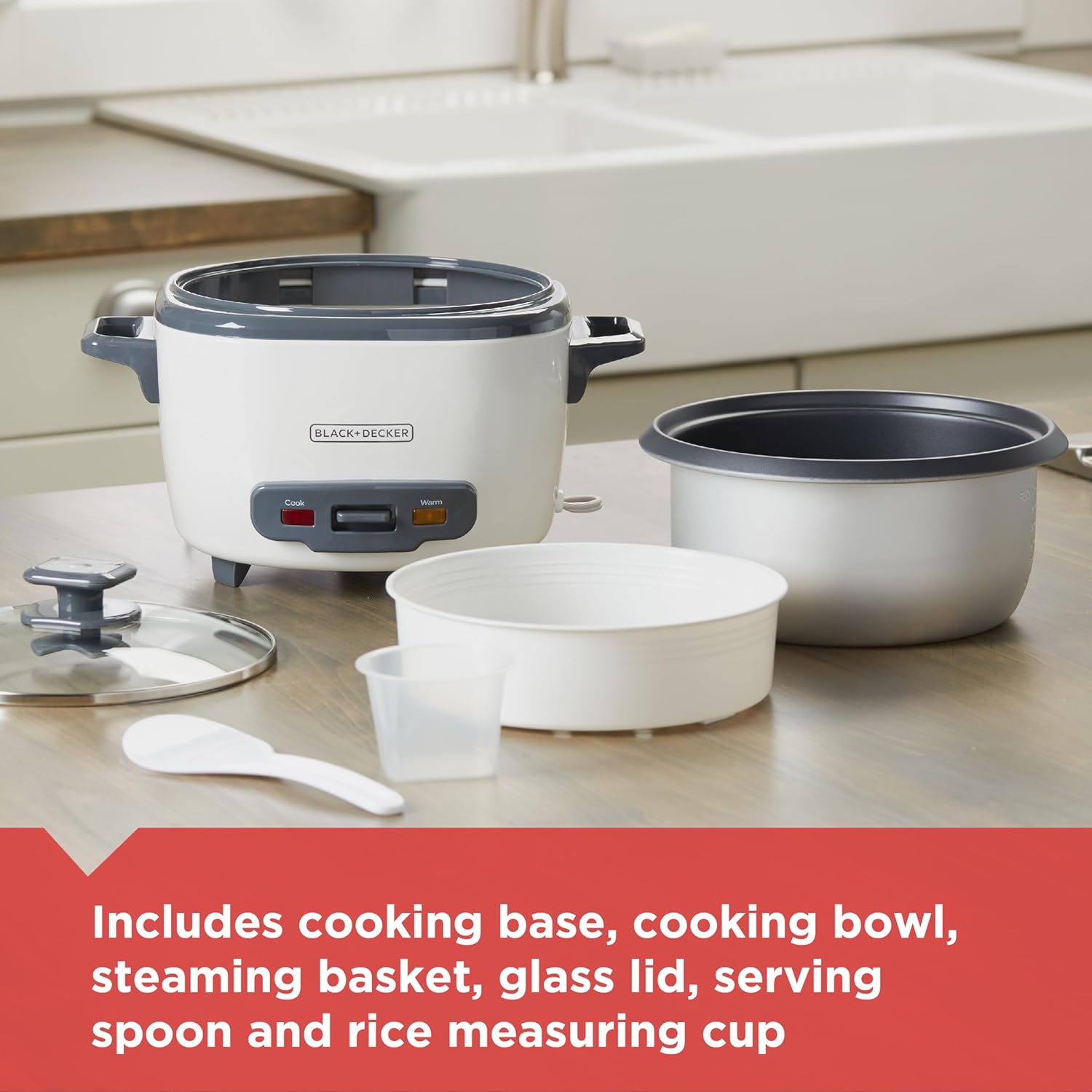 BLACK+DECKER 6-Cup Rice Cooker, RC506, 3-cup Uncooked Rice, Steaming Basket, Removable Non-Stick Bowl, One Touch