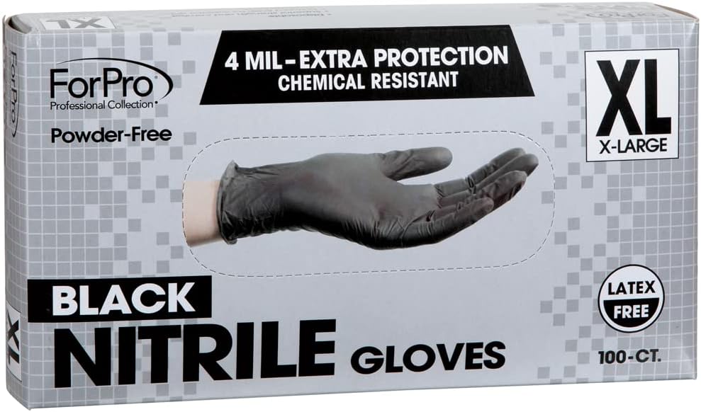 ForPro Professional Collection Disposable Nitrile Gloves, Chemical Resistant, Powder-Free, Latex-Free, Non-Sterile, Food Safe, 4 Mil, Black, Large, 100-Count