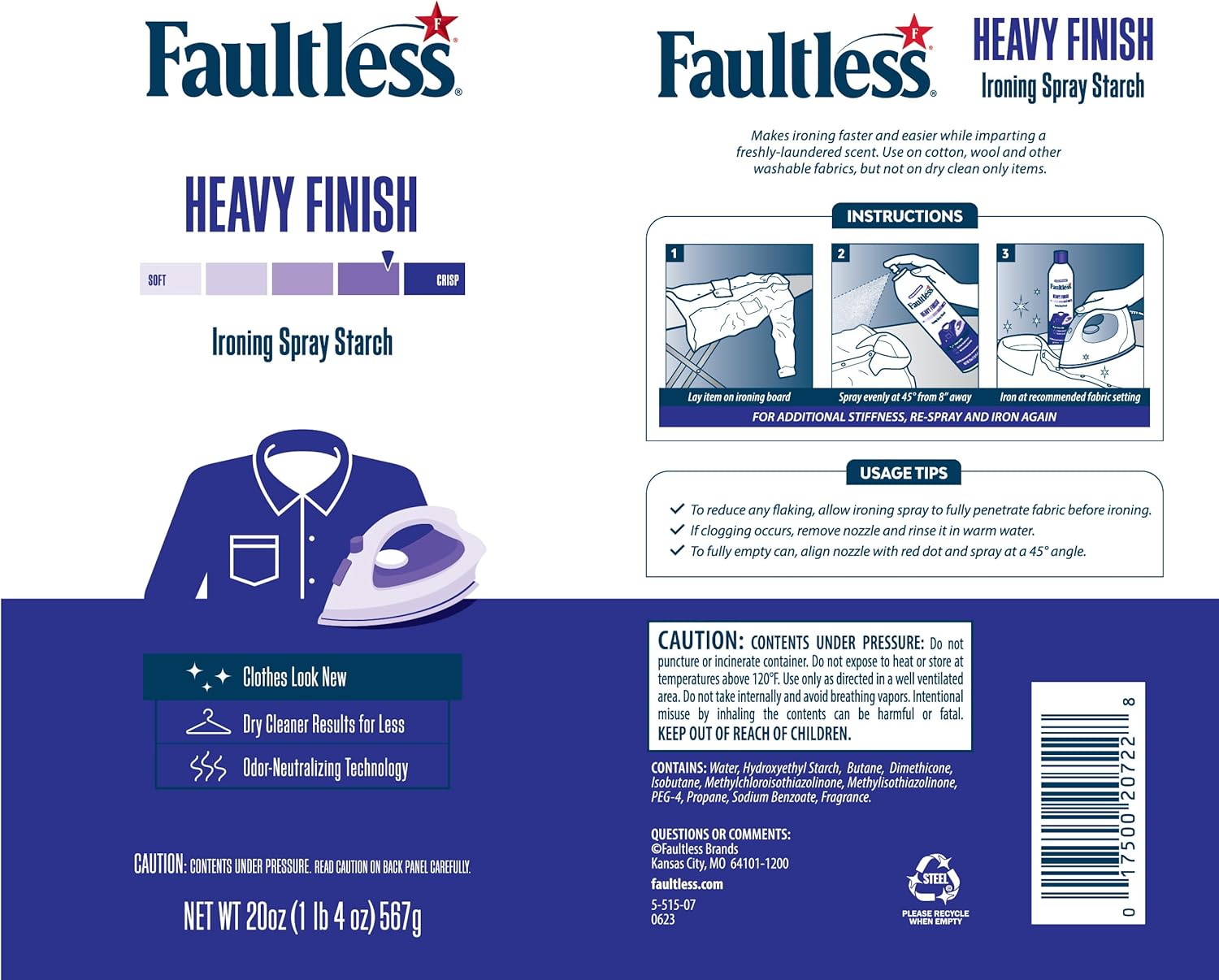 Laundry Starch Spray, Faultless Heavy Spray Starch 20 oz Cans for a Smooth Iron Glide on Clothes & Fabric Even Spray, Easy Iron Glide, No Reside (Pack of 4)
