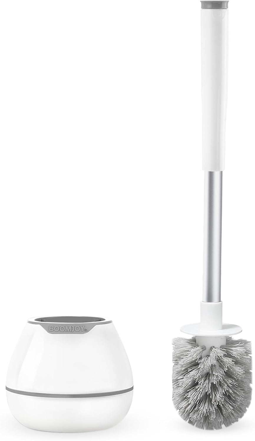 BOOMJOY Toilet Brush and Holder Set, Silicone Toilet Bowl Cleaner Brush, Bathroom Cleaning Bowl Brush Kit with Tweezers, Bathroom Accessories with Aluminum Handle - White