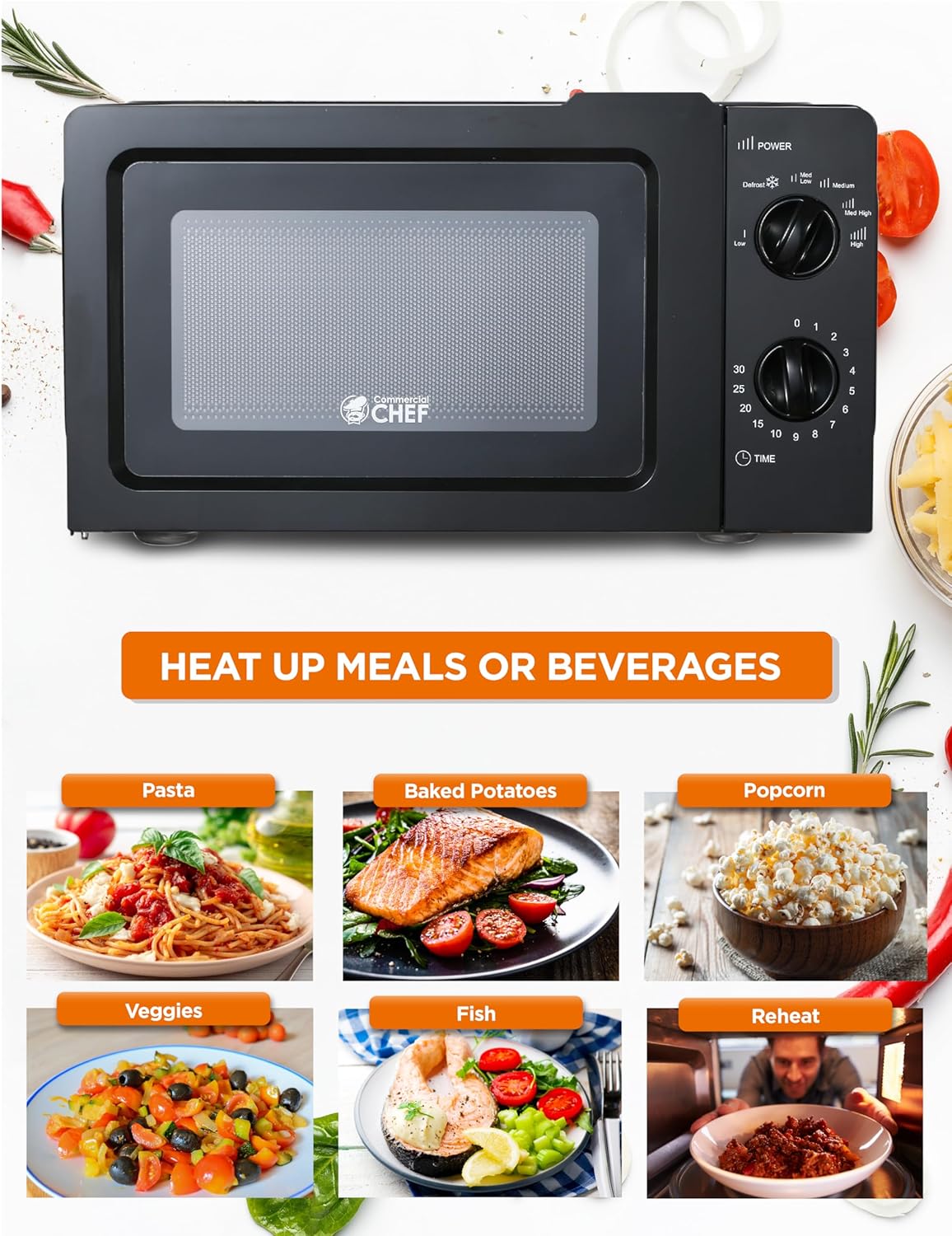 COMMERCIAL CHEF 0.6 Cubic Foot Microwave with 6 Power Levels, Small Microwave with Grip Handle, 700W Countertop Microwave with 30 Minute Timer and Mechanical Dial Controls, White