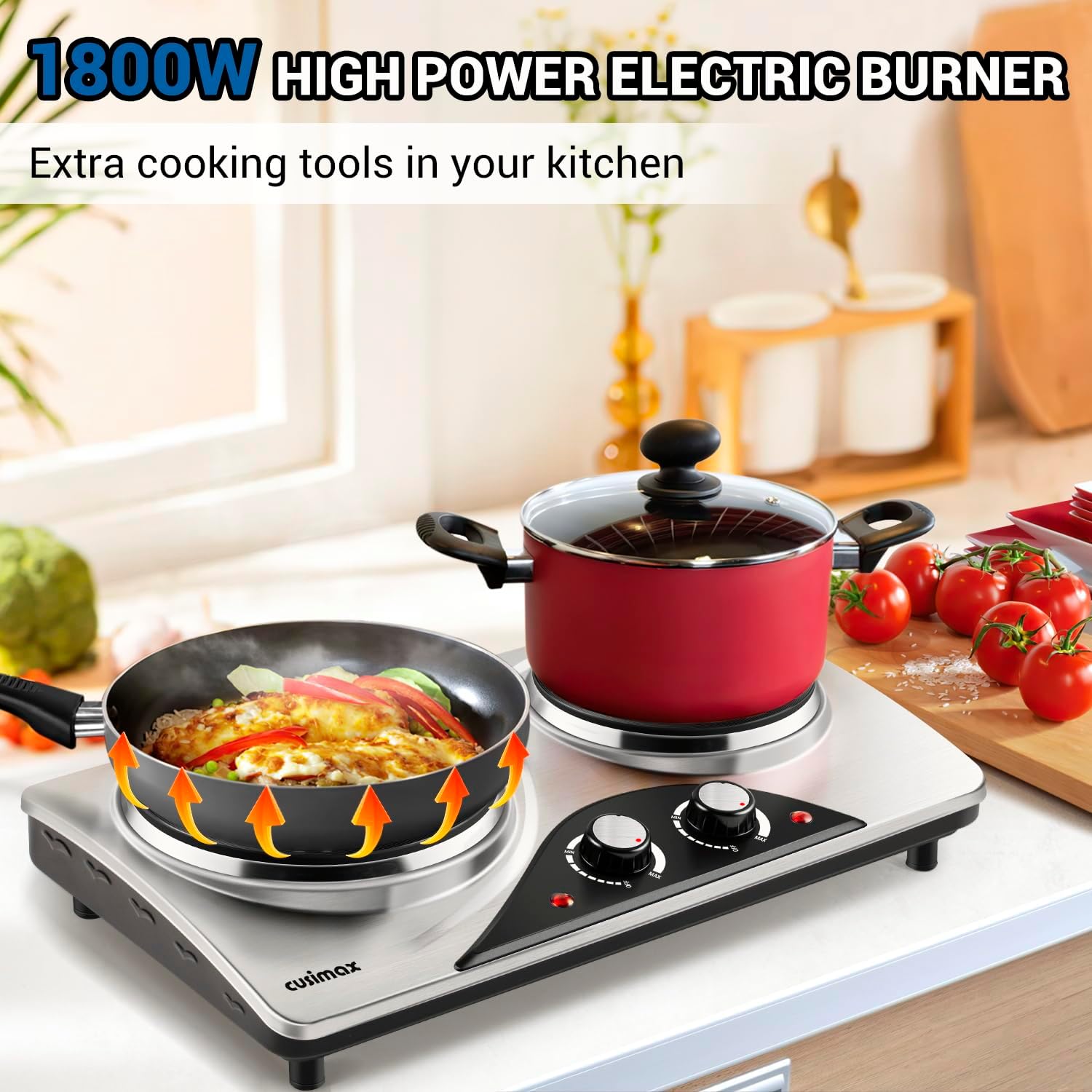 CUSIMAX Electric Hot Plate for Cooking Portable Single Burner 1500W Cast Iron hot plates Heat-up in Seconds Adjustable Temperature Control Stainless Steel Non-Slip Rubber Feet Upgraded Version B101