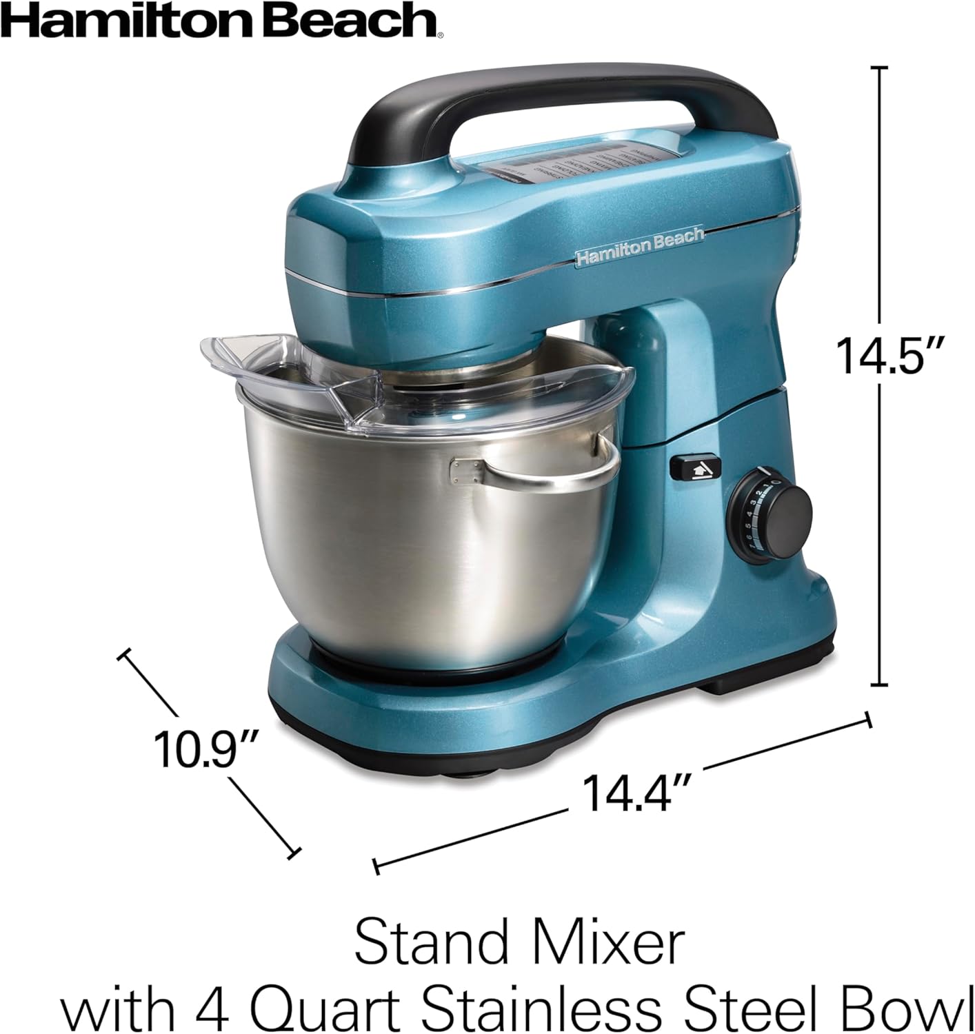 Hamilton Beach Electric Stand Mixer, 4 Quarts, Dough Hook, Flat Beater Attachments, Splash Guard 7 Speeds with Whisk, Black with Top Handle
