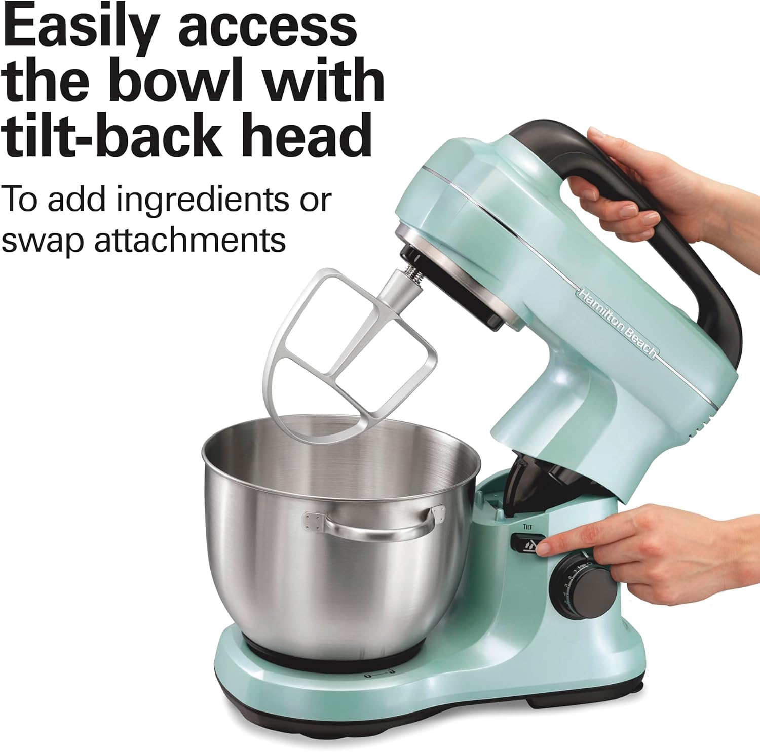 Hamilton Beach Electric Stand Mixer, 4 Quarts, Dough Hook, Flat Beater Attachments, Splash Guard 7 Speeds with Whisk, Black with Top Handle