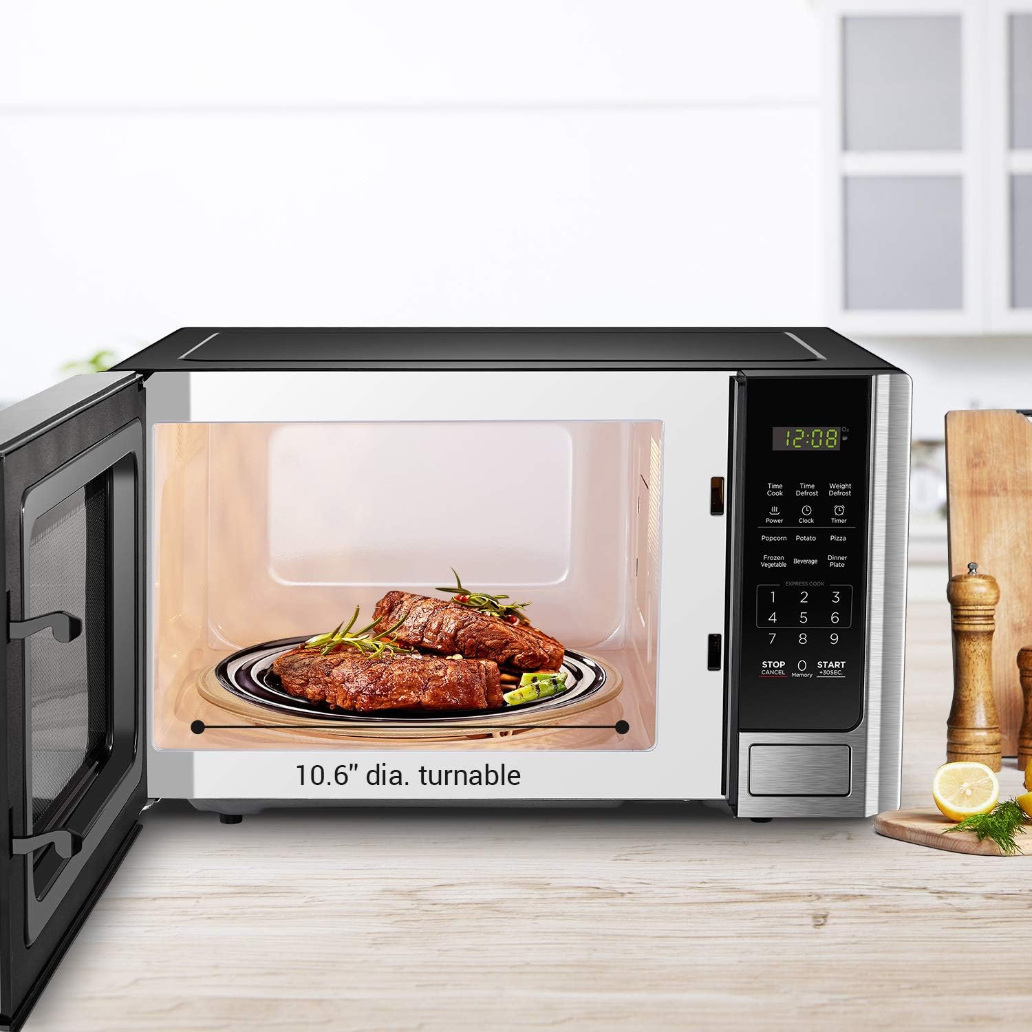 BLACK+DECKER EM720CB7 Digital Microwave Oven with Turntable Push-Button Door, Child Safety Lock, 700W, Stainless Steel, 0.7 Cu.ft