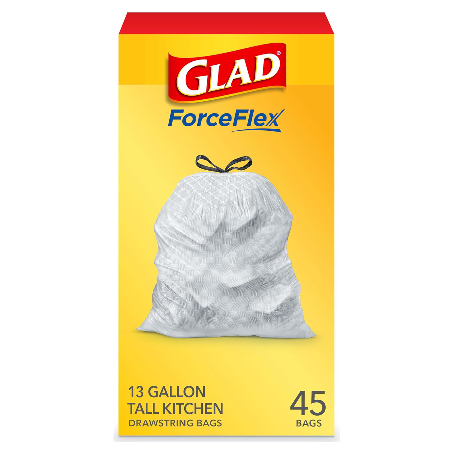 Glad Trash Bags, ForceFlex Tall Kitchen Drawstring Garbage Bags 13 Gallon White Trash Bag, Gain Moonlight Breeze scent with Febreze Freshness 100 Count (Package May Vary)