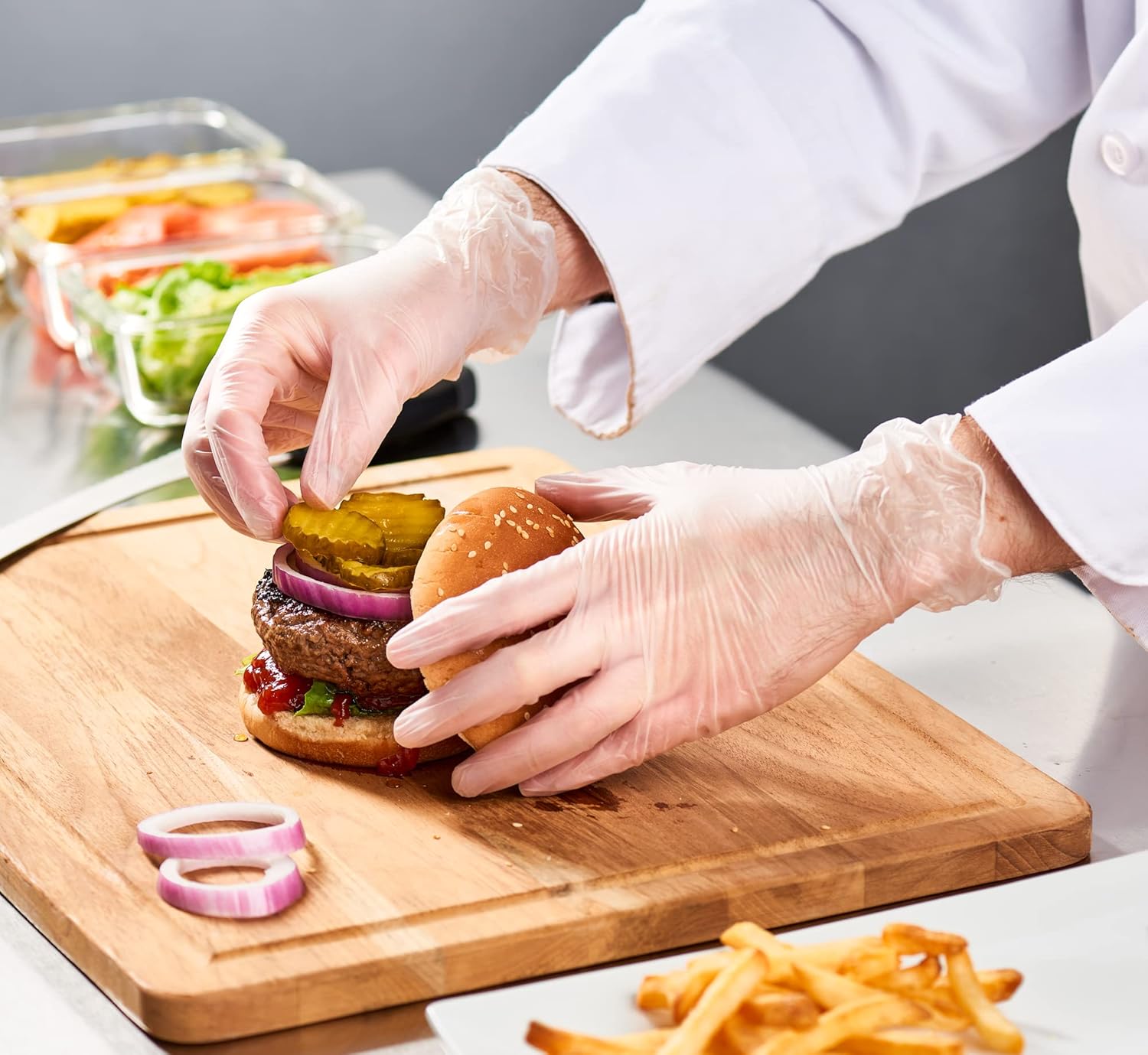 Care Plus Medium Size Disposable Vinyl Gloves Heavy Duty Non Sterile Powder Free Latex Free Rubber 100 Count Box food Safe